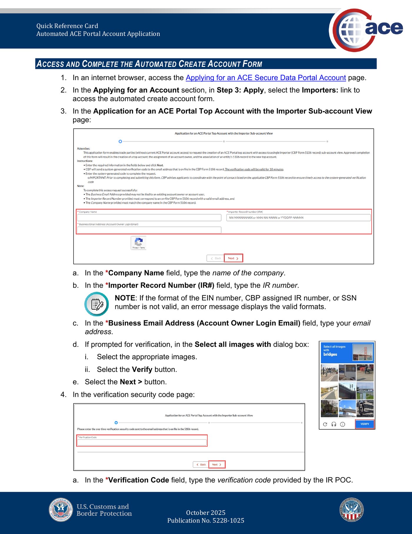 CBP ACE Portal Importer Application form: Company Name, Importer Record Number, and Business Email fields, plus reCAPTCHA and Next button