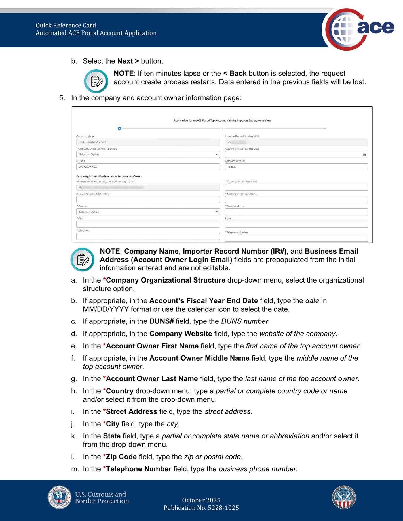 CBP ACE Portal Importer Application company and account owner information page with all fields