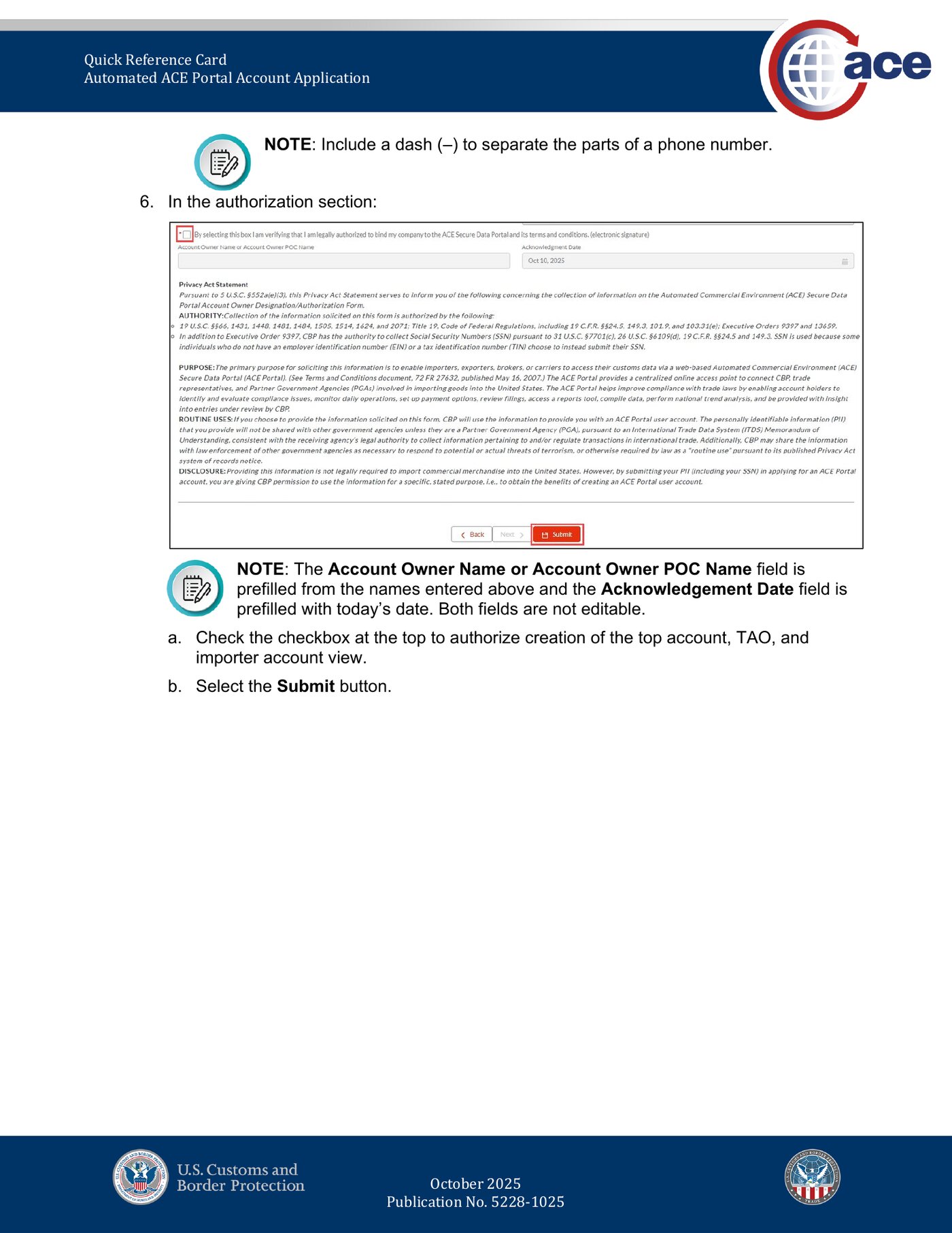 CBP ACE Portal Importer Application authorization page with Privacy Act Statement and Submit button