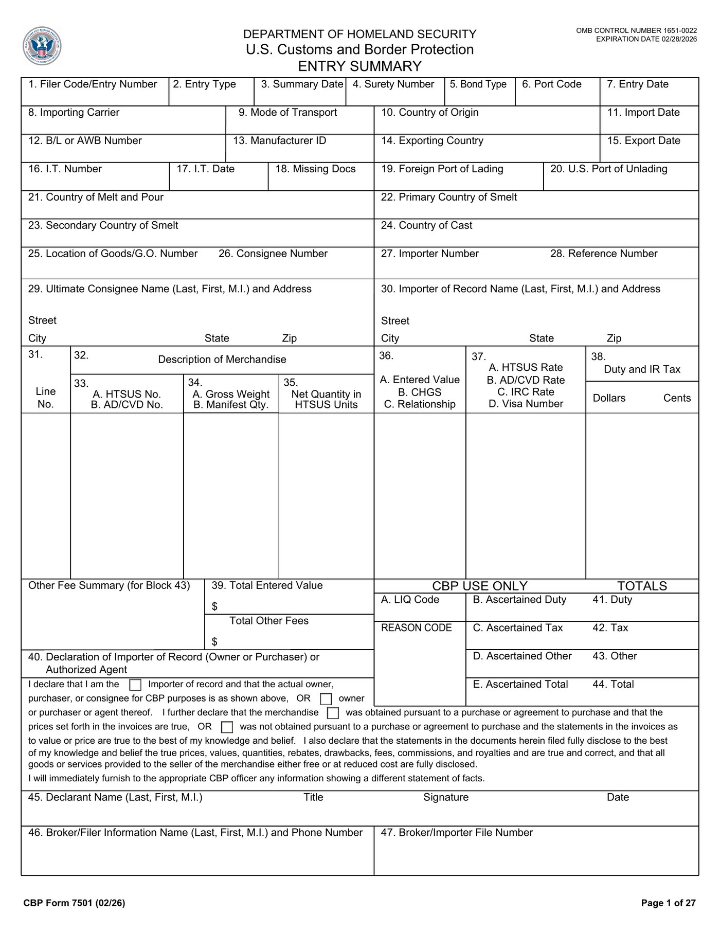 CBP Form 7501 Entry Summary showing Block 1 (Filer Code/Entry Number) at the top left, plus Block 27 (Importer Number) and Block 30 (Importer of Record Name and Address)