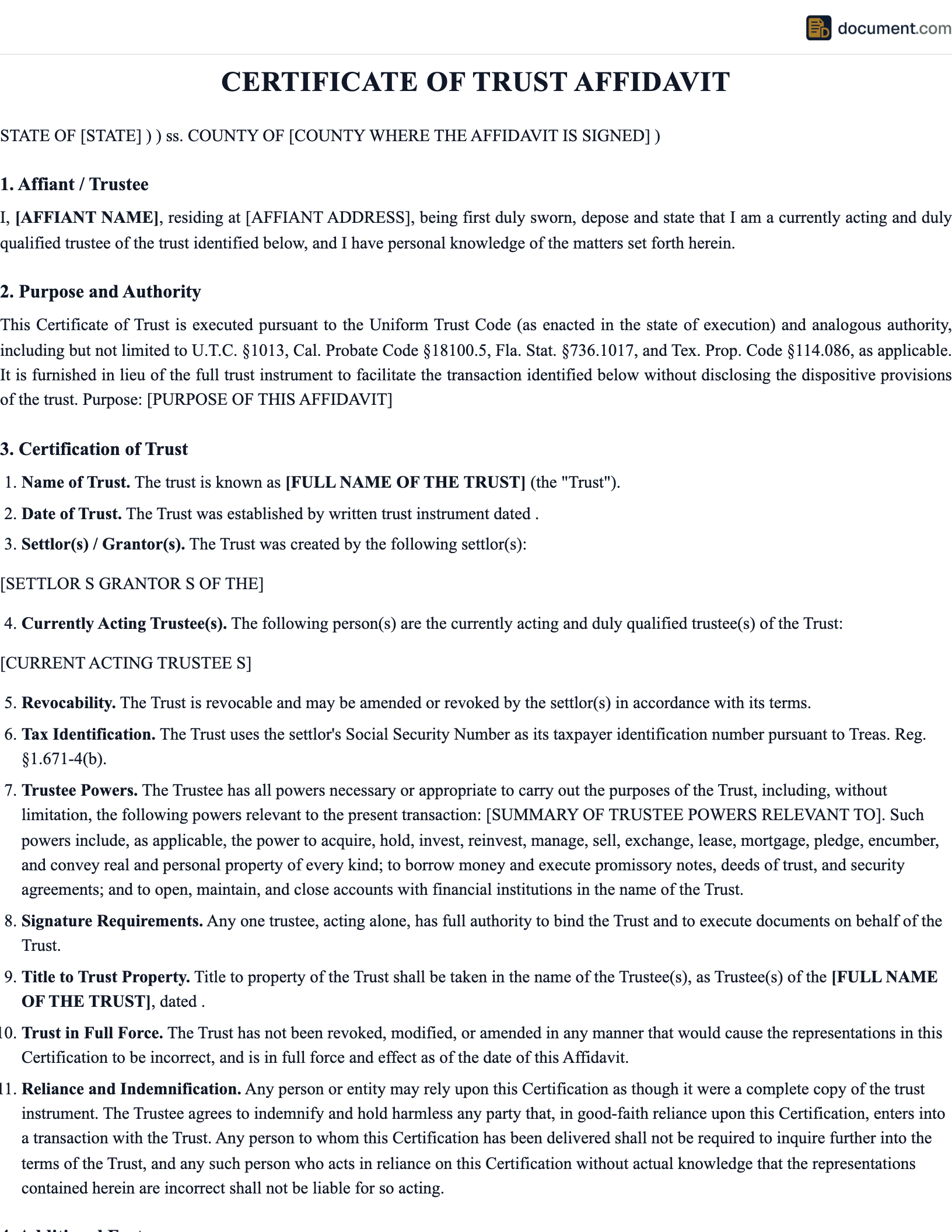Certificate of Trust Affidavit preview