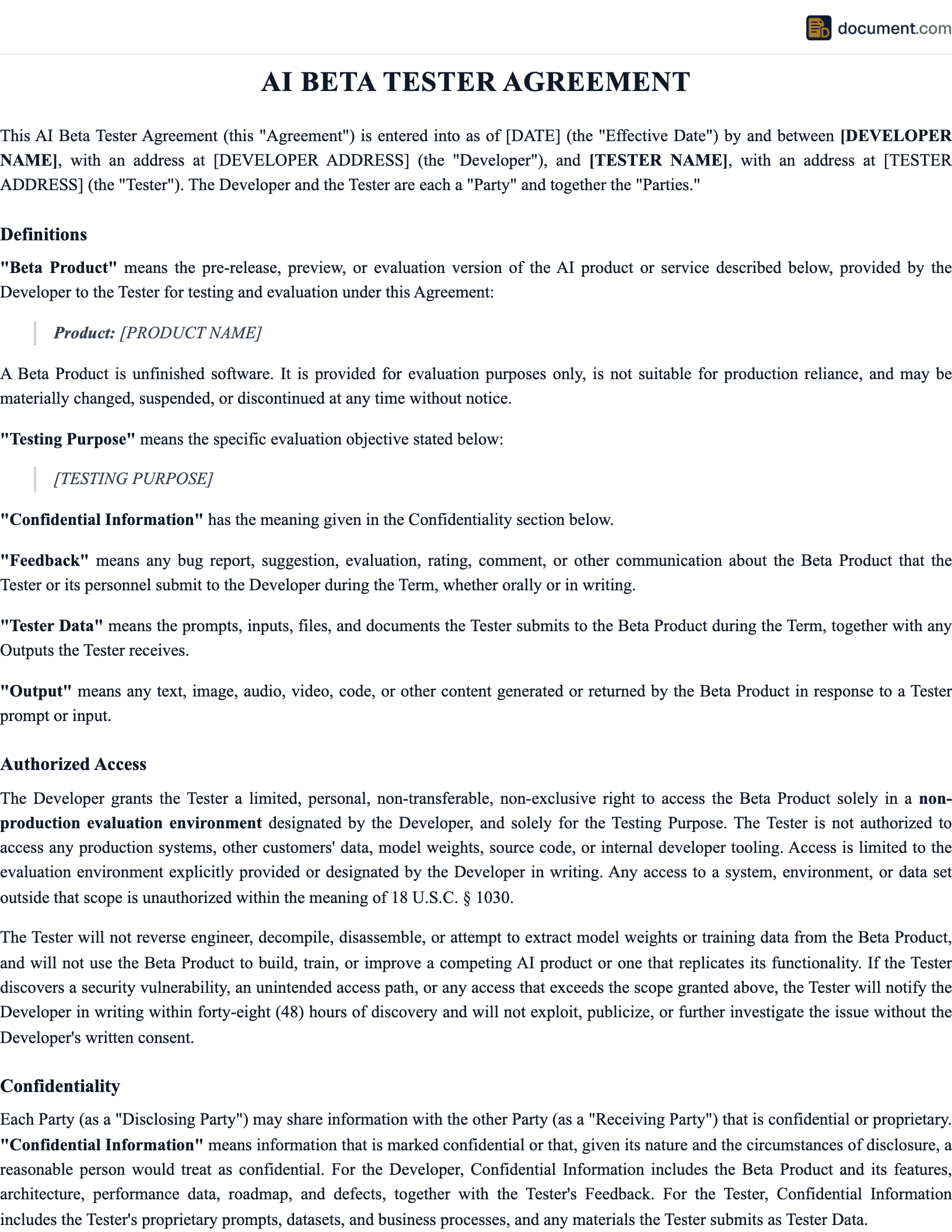 AI Beta Tester / Evaluation Agreement preview