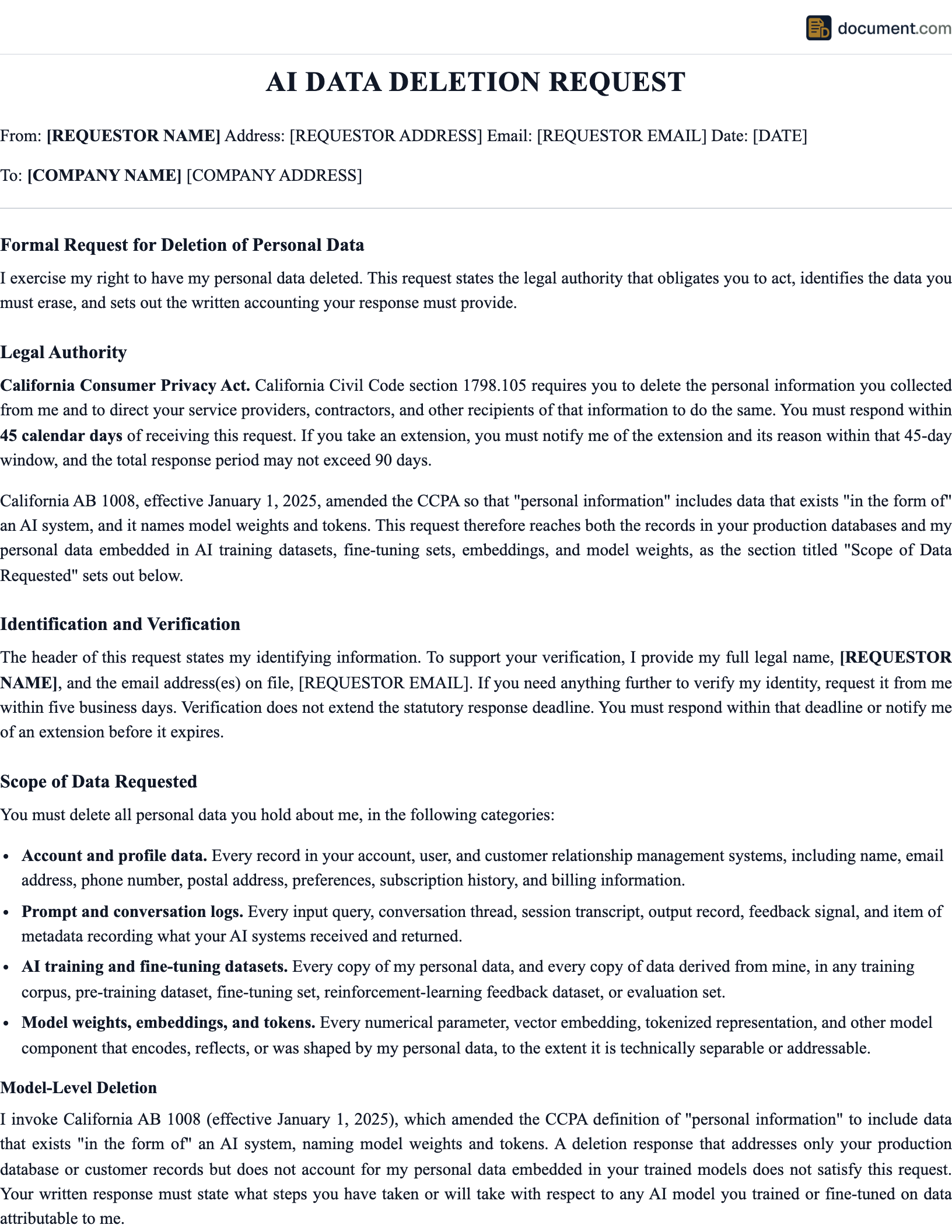 AI Data Deletion Request (Right-to-Delete / Right-to-Erasure) preview