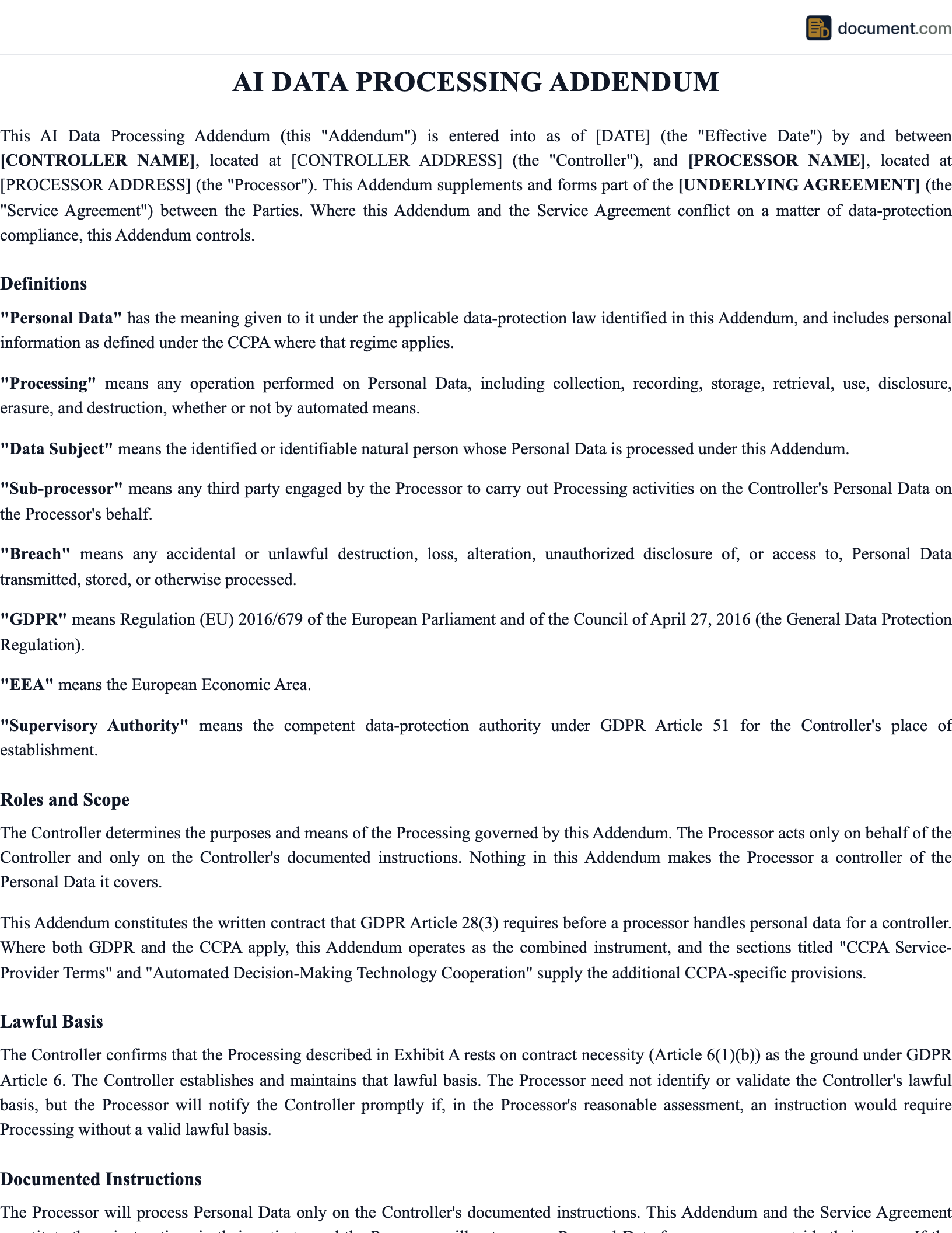 AI Data Processing Addendum (DPA) preview