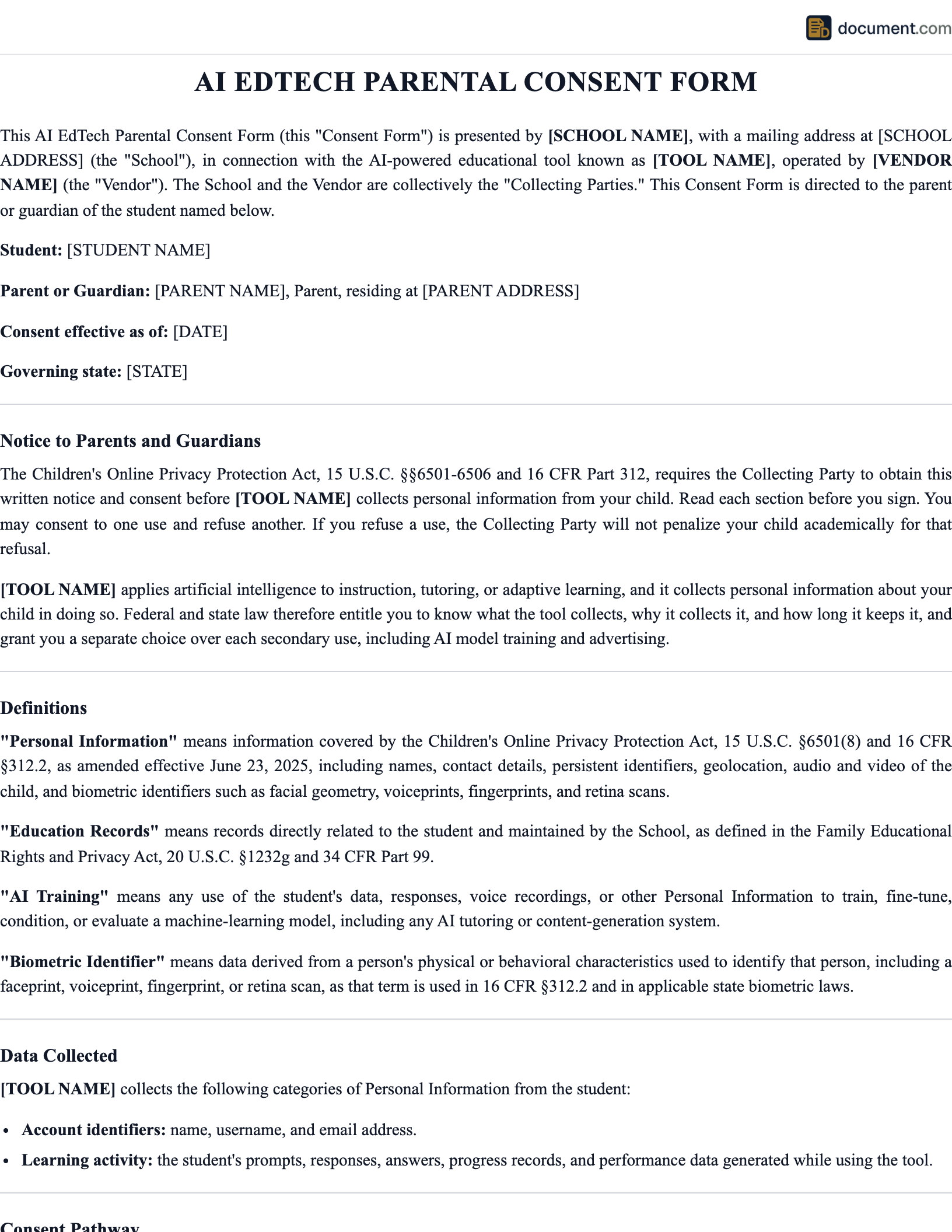 AI EdTech Parental Consent Form preview