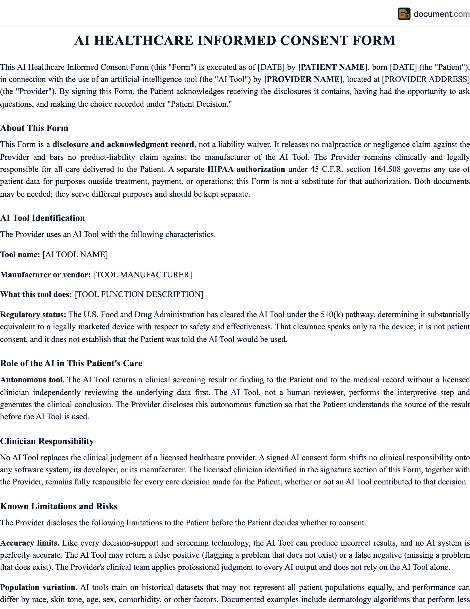 AI Healthcare Tool Informed Consent Form preview