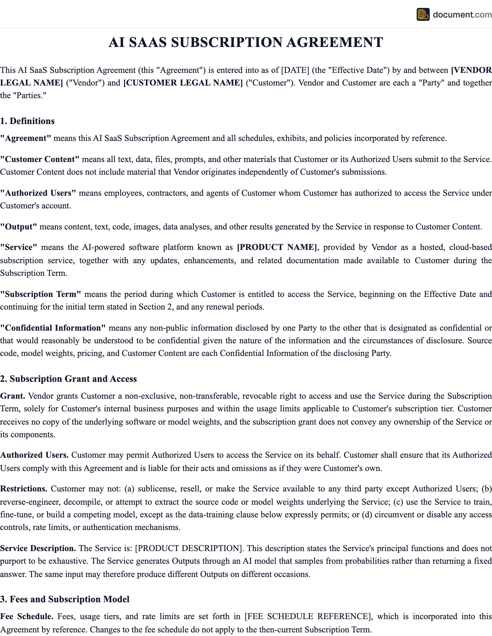 AI SaaS Subscription Agreement preview
