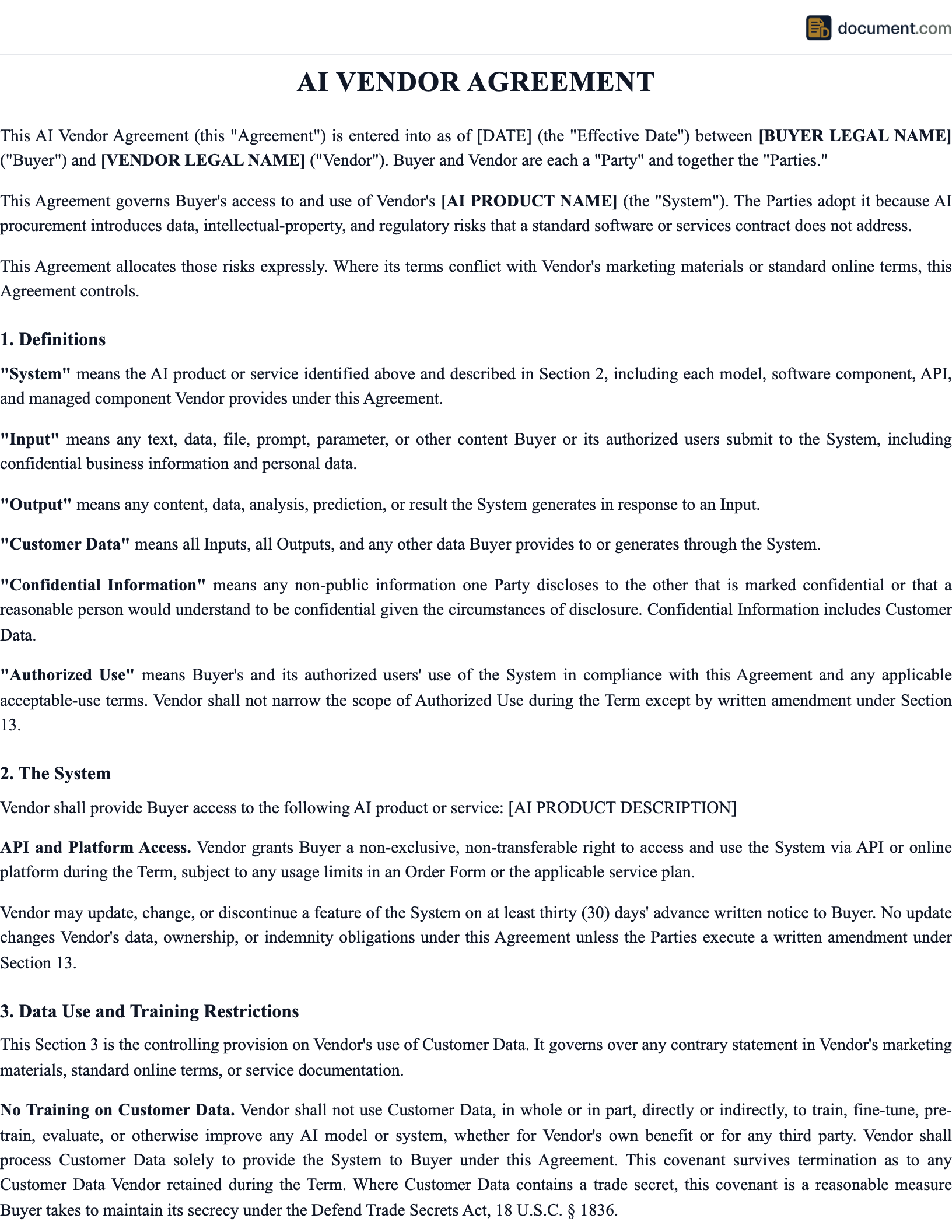 AI Vendor Agreement Template preview