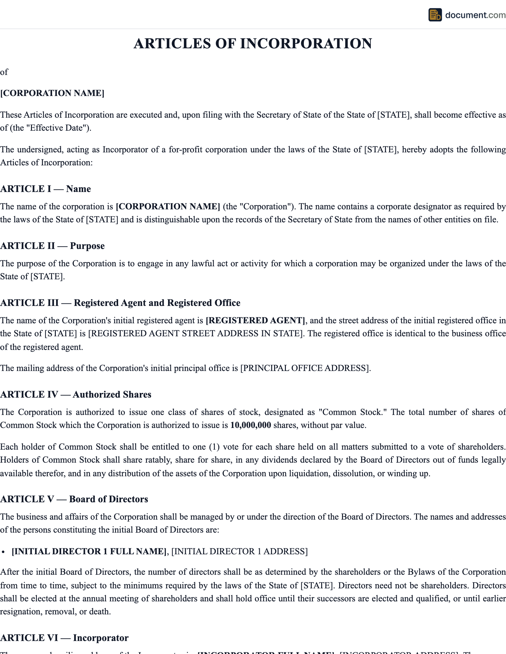 Articles of Incorporation preview