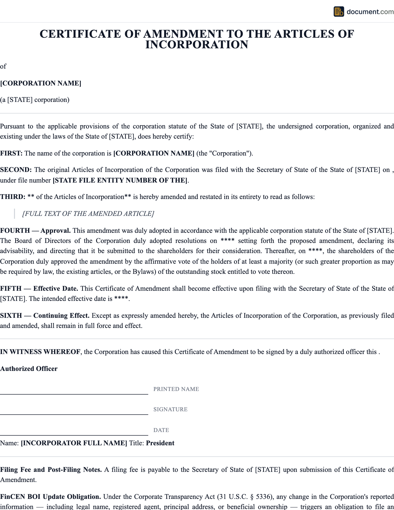 Amendment Articles of Incorporation preview