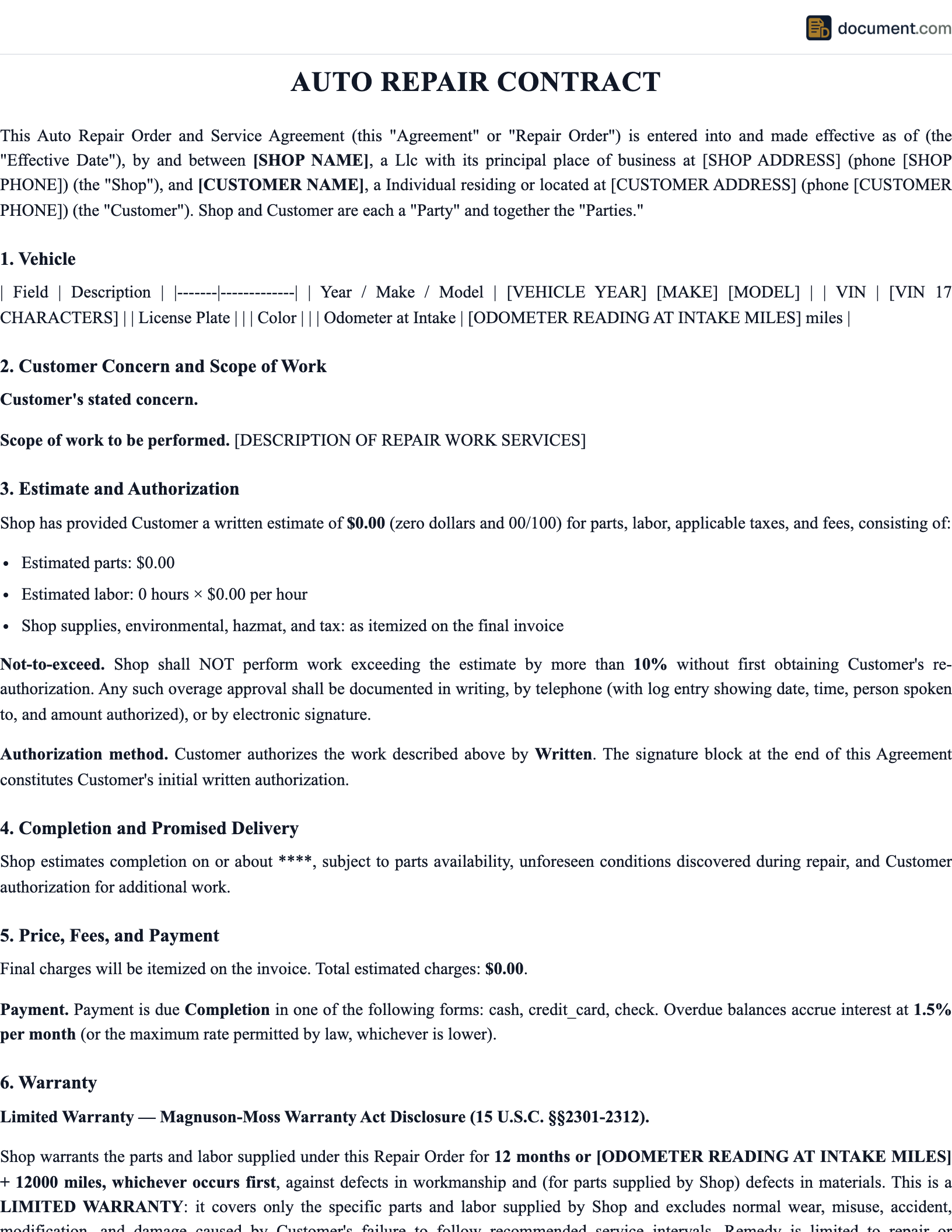 Auto Repair Contract preview