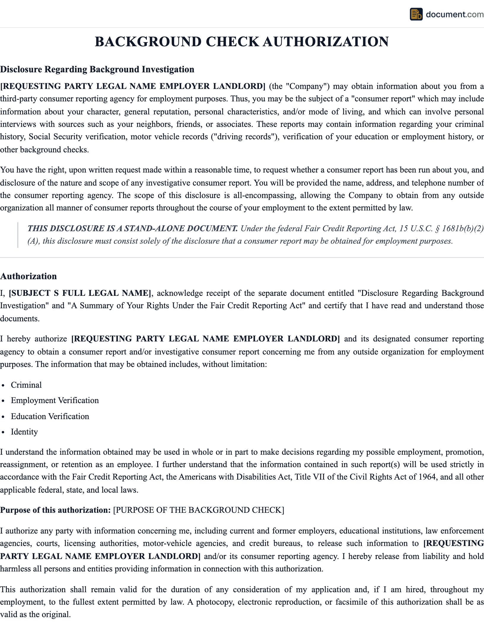 Background Check Authorization preview