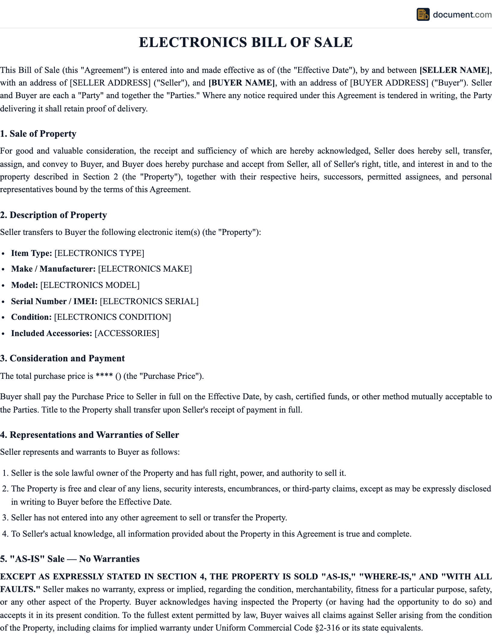 Electronics Bill of Sale preview