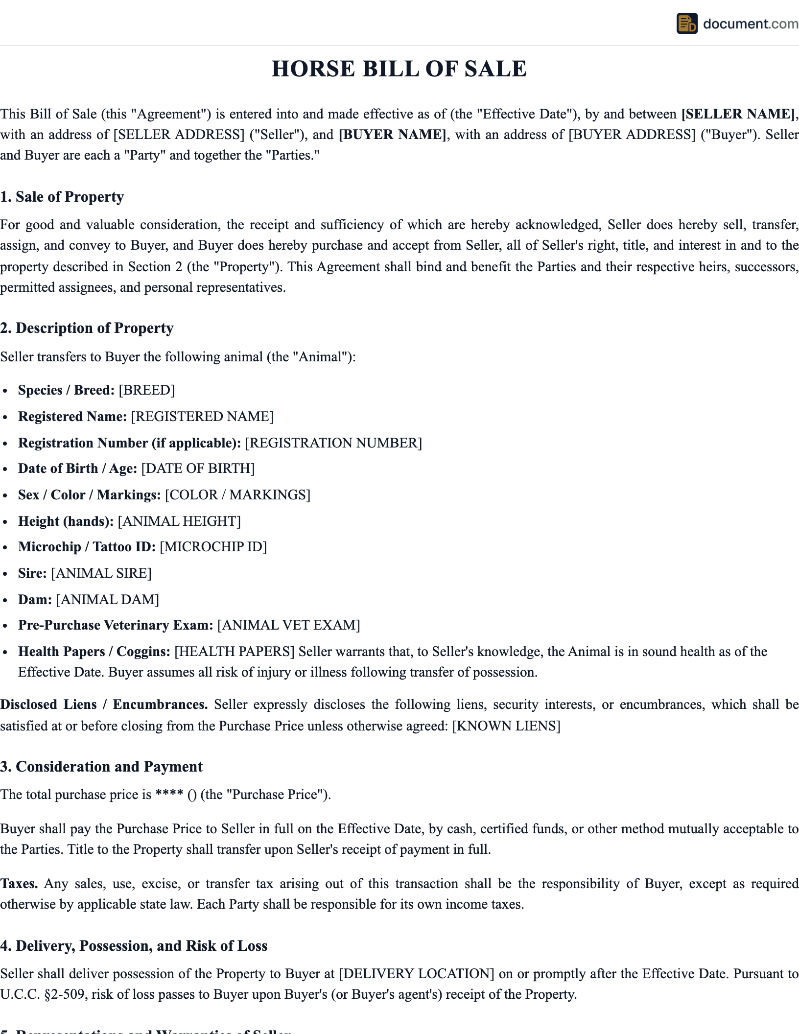 OH Horse Bill of Sale preview