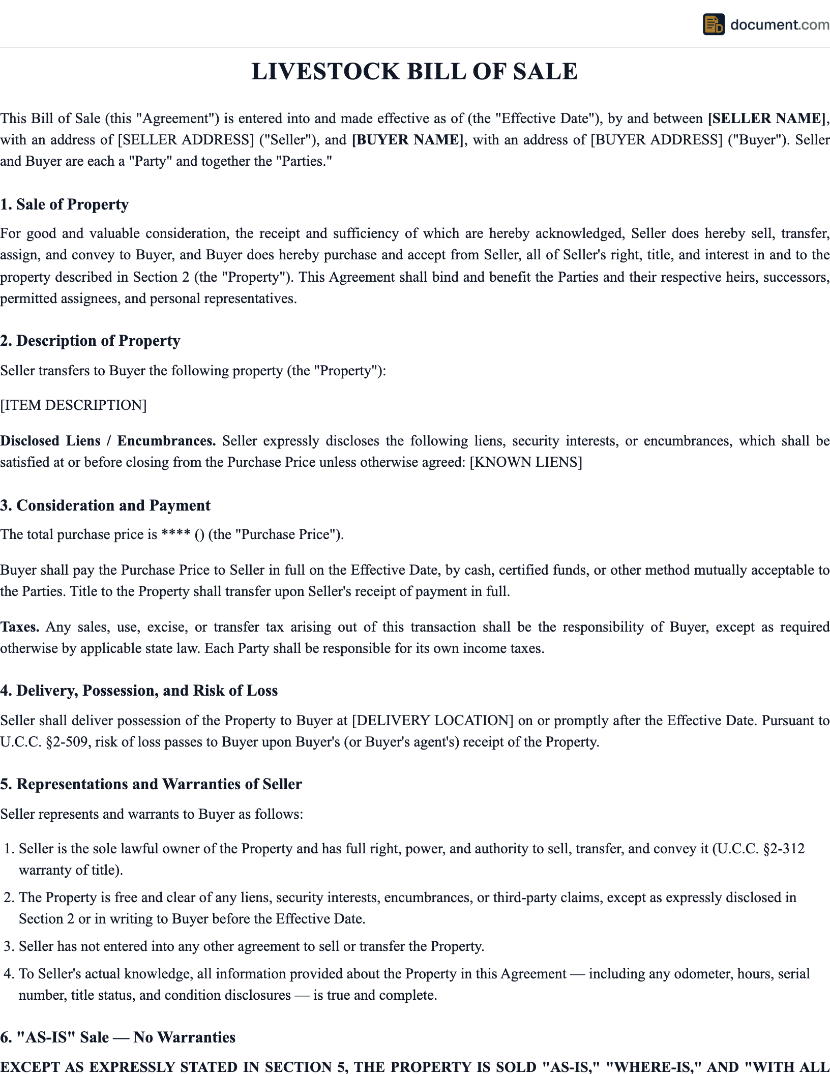 Livestock Bill of Sale preview