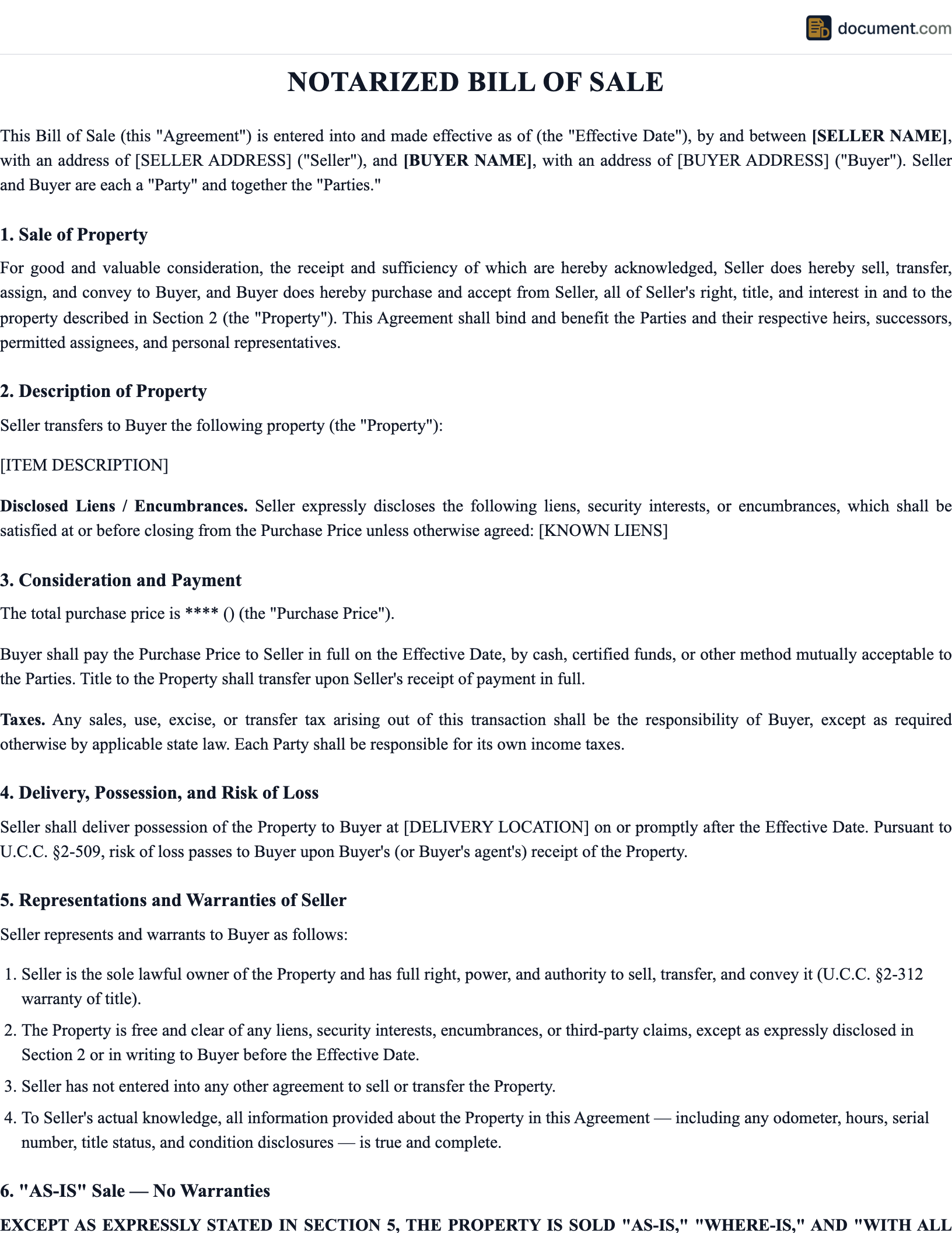 Notarized Bill of Sale preview