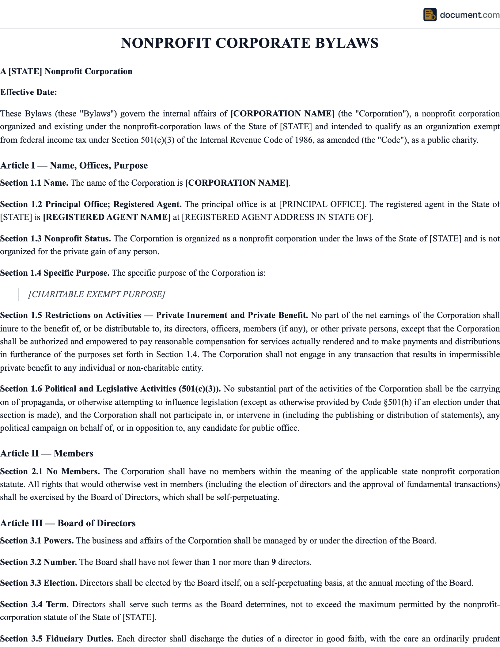 Nonprofit Corporate Bylaws preview