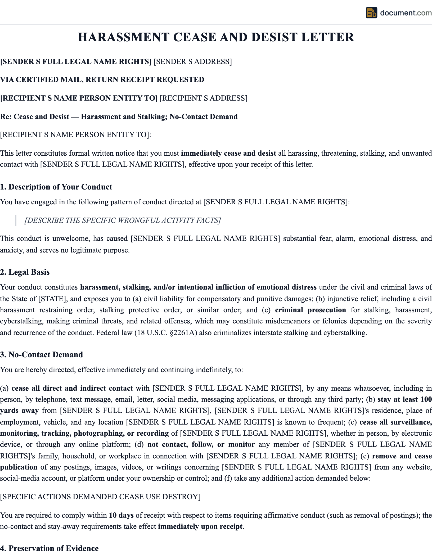 Harassment Cease and Desist Letter preview