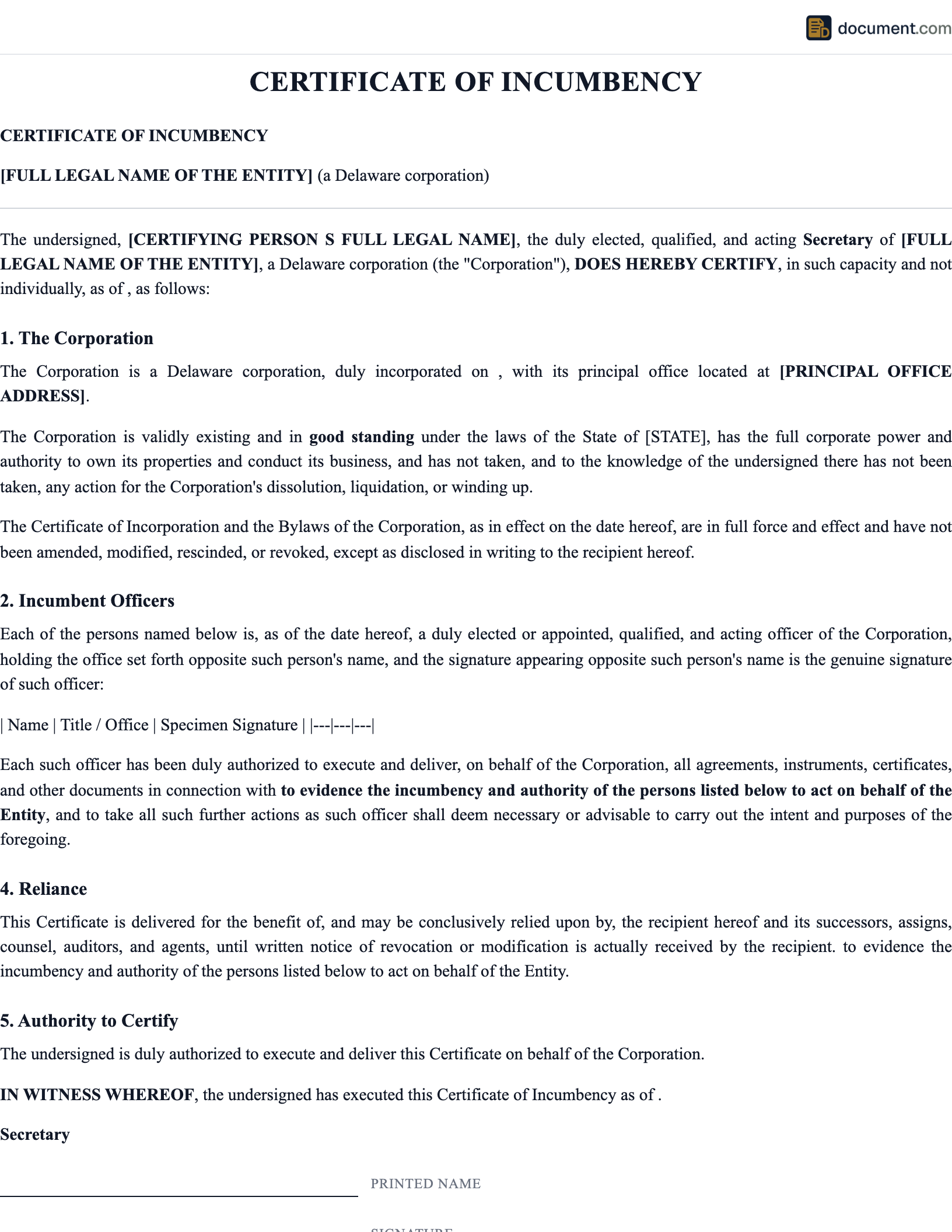 Certificate of Incumbency preview