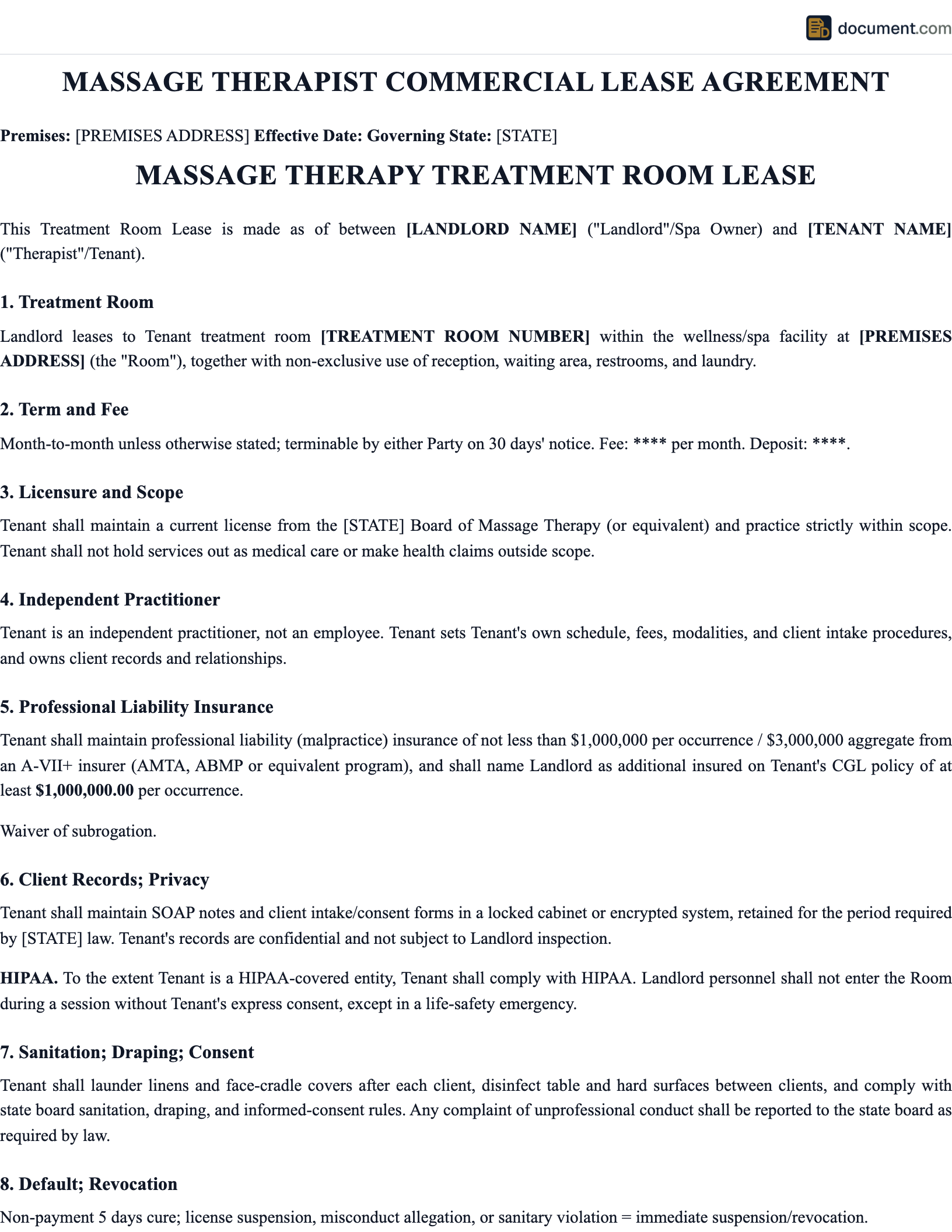 TX Commercial Massage Therapist Lease Ag preview