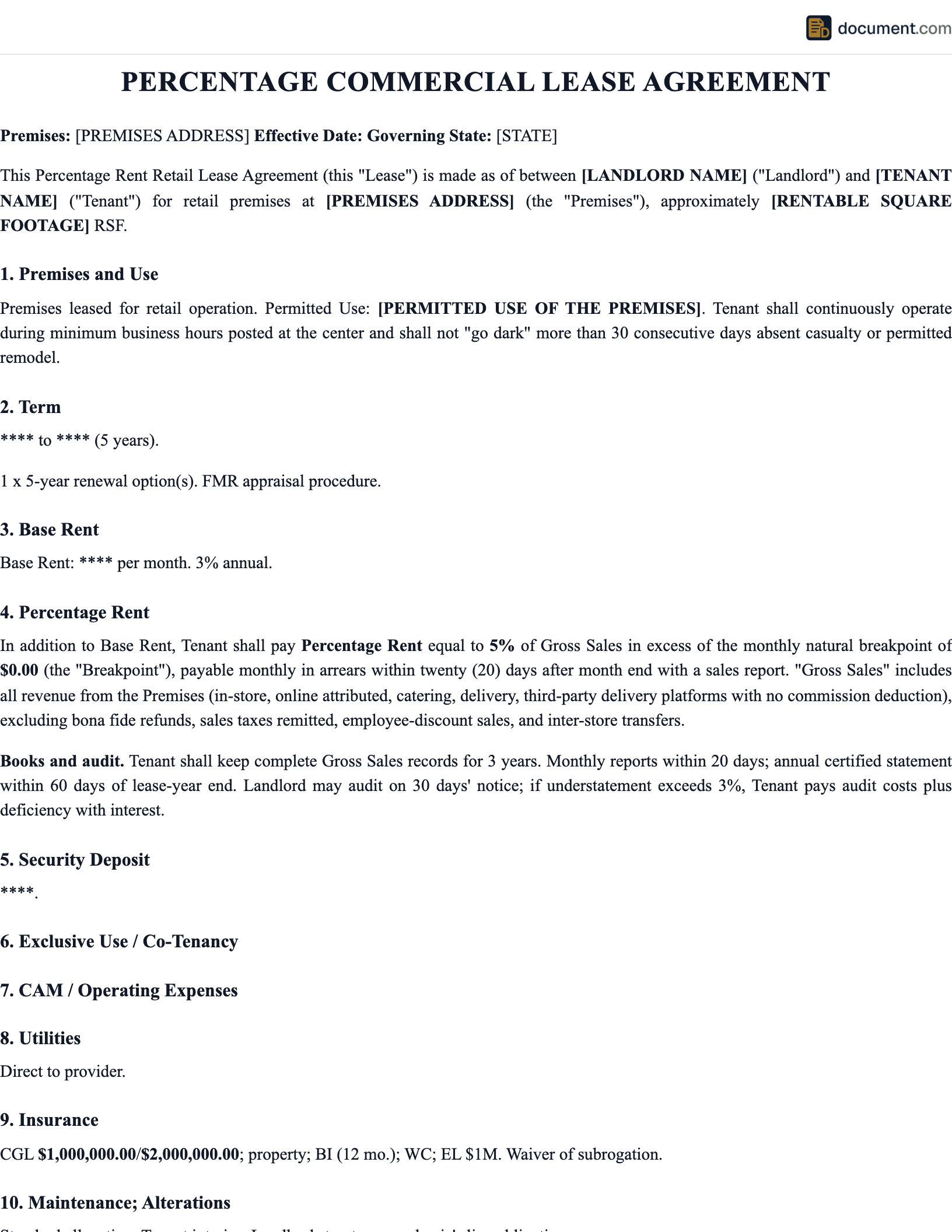 Commercial Percentage Lease Agreement preview