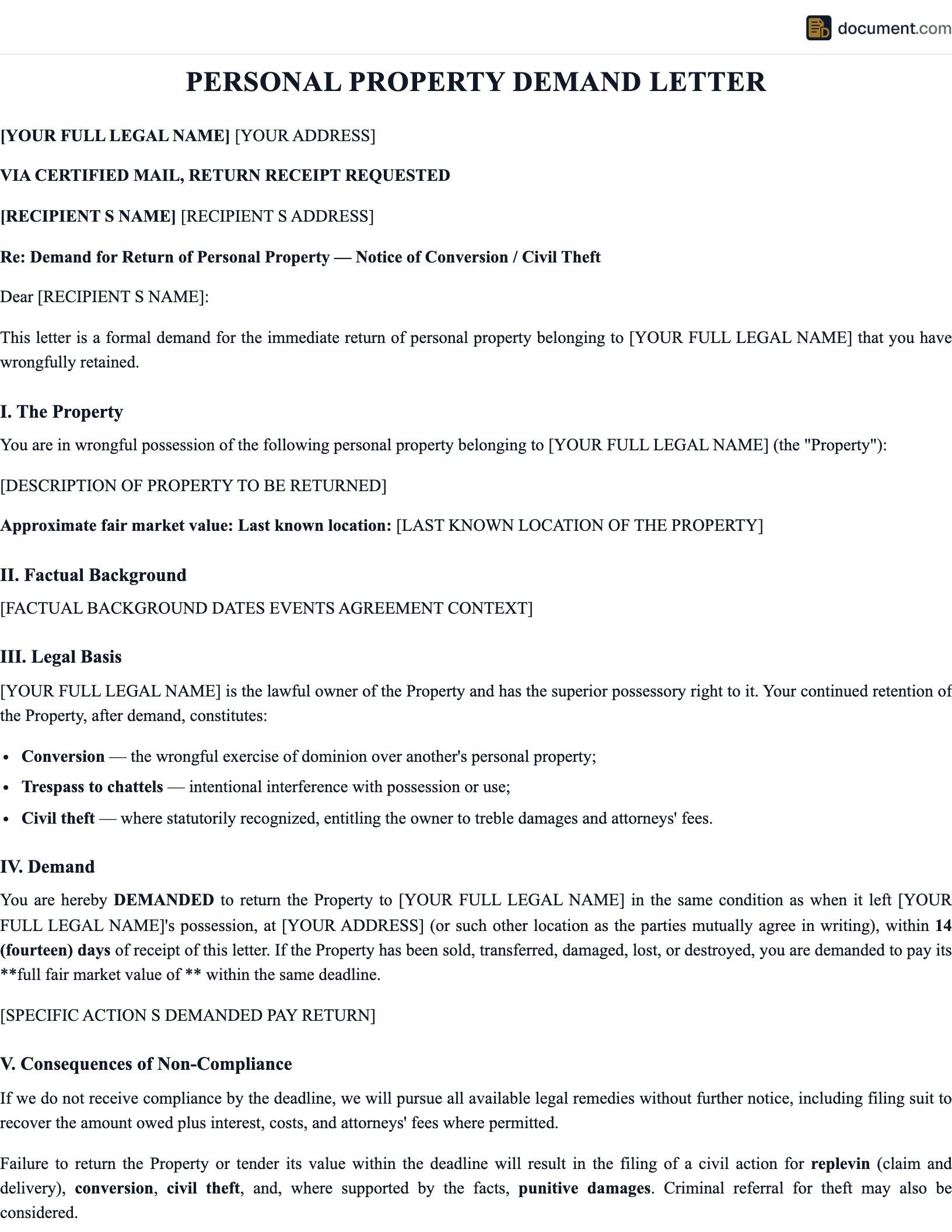 Personal Property Demand Letter preview