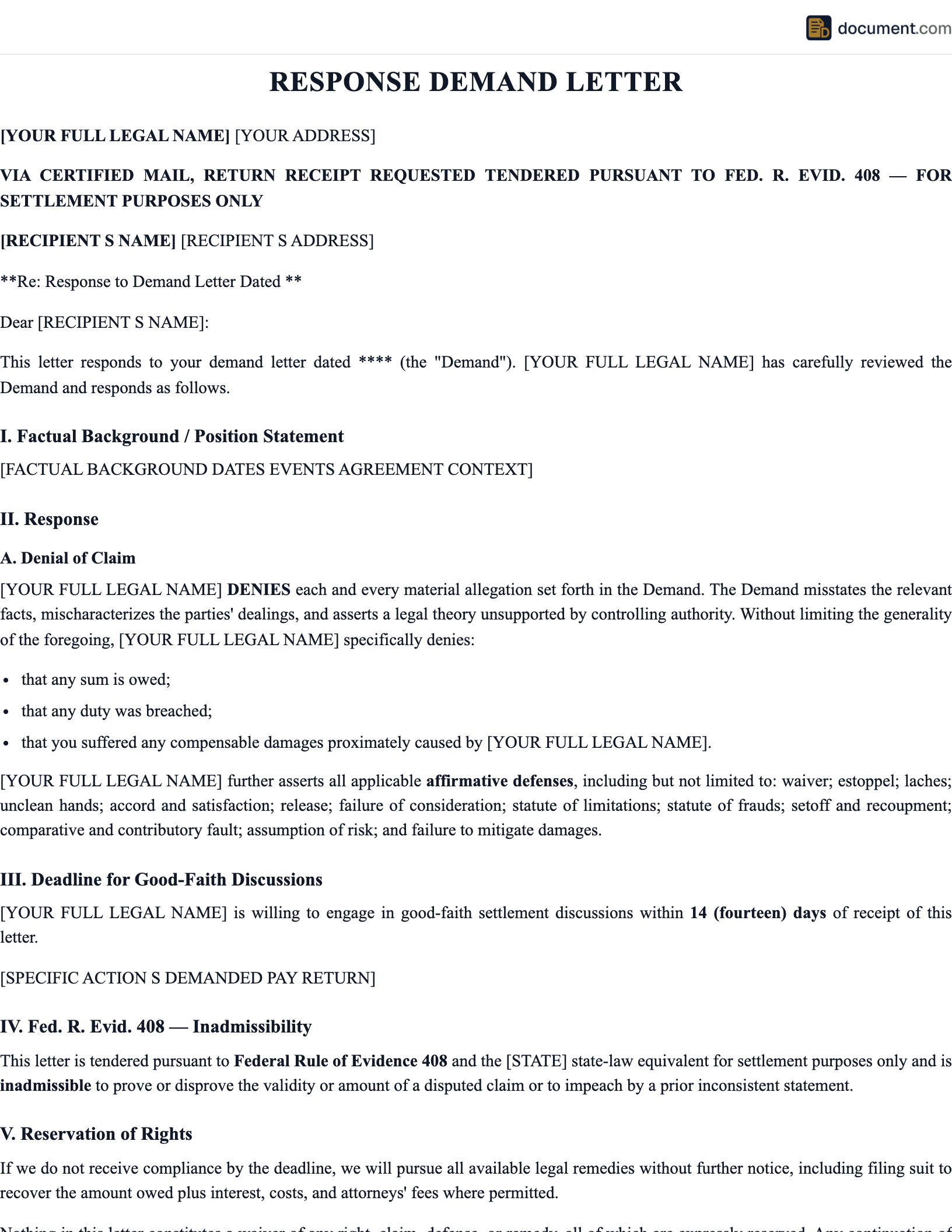 Response Demand Letter preview