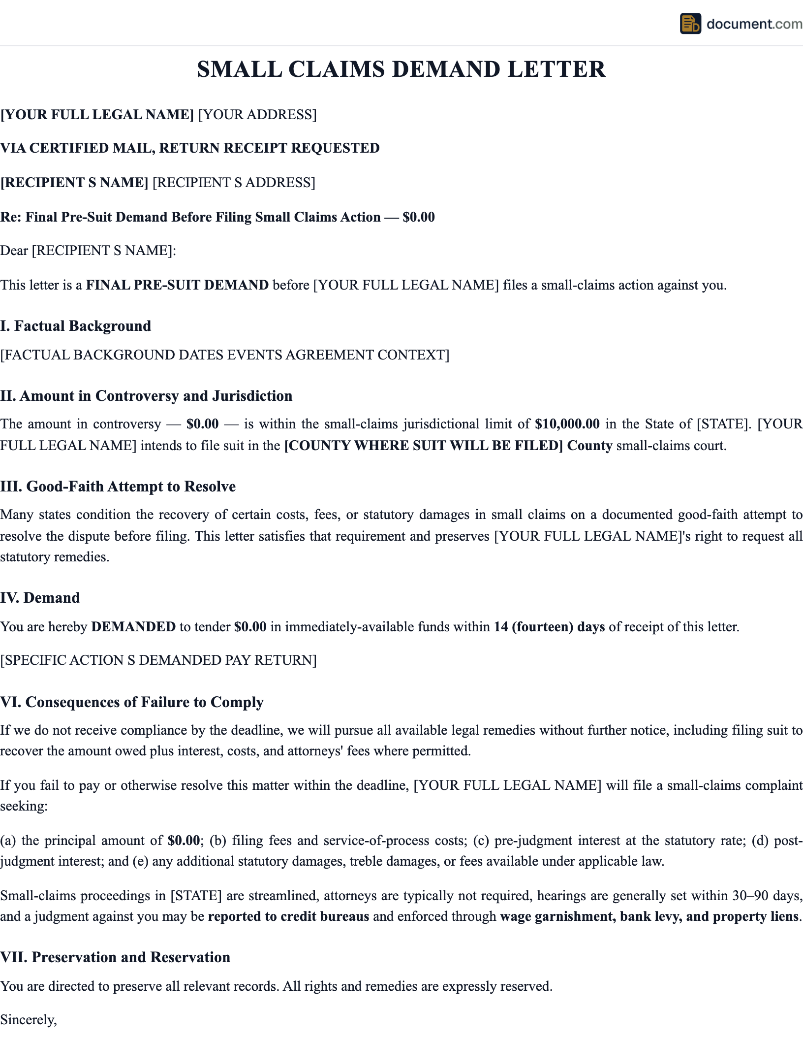 Small Claims Demand Letter preview