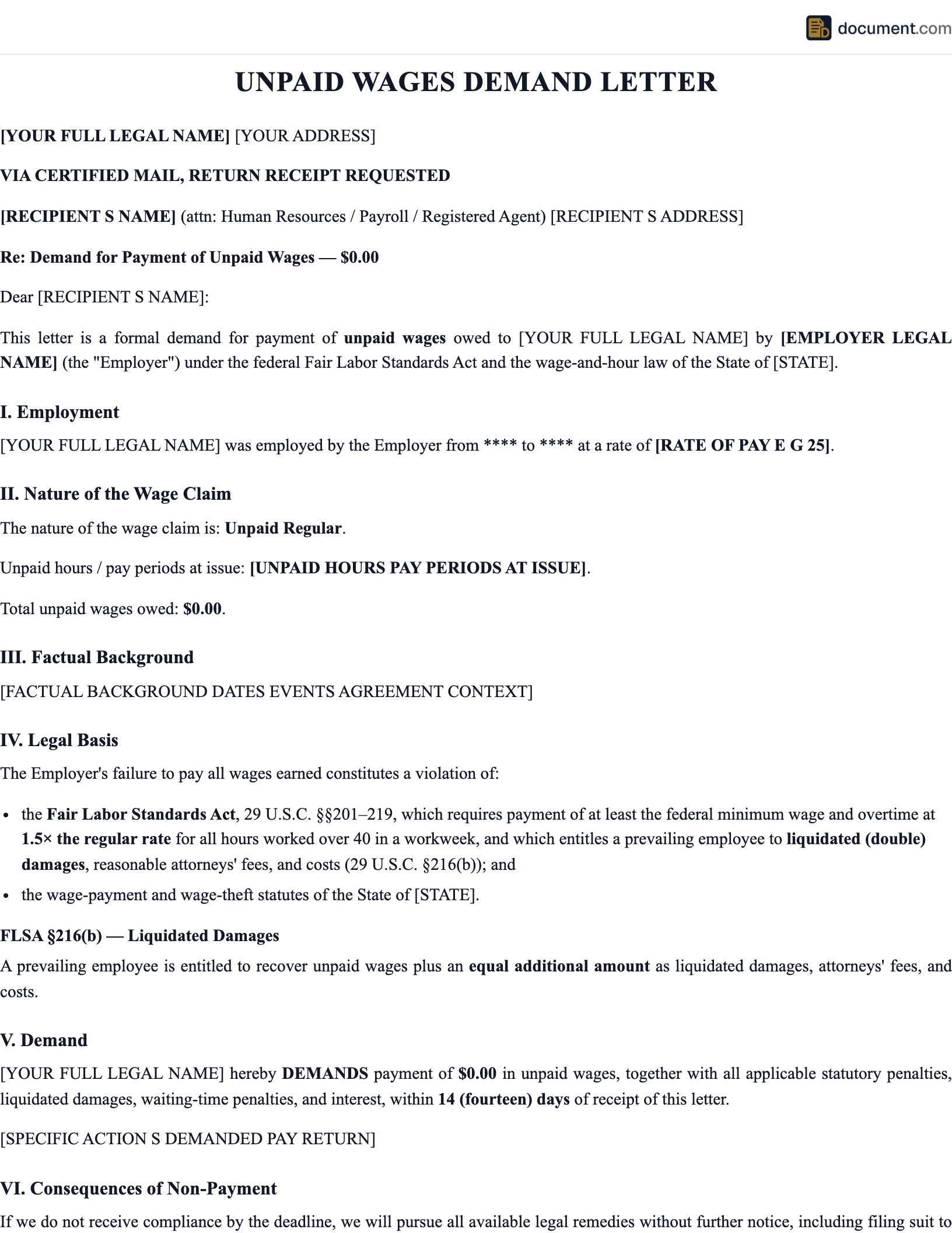 Unpaid Wages Demand Letter preview