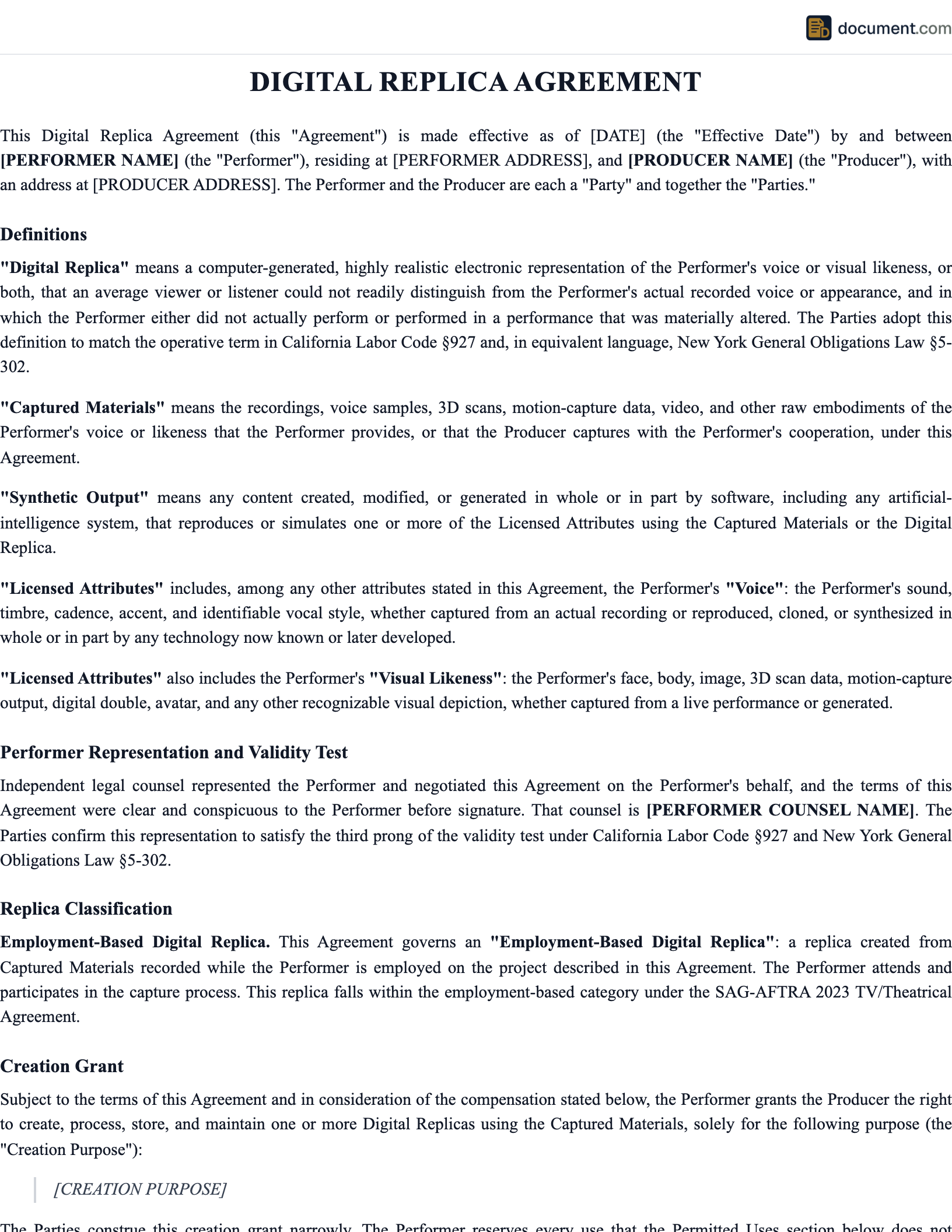 Digital Replica Agreement (Digital Double / AI Likeness Consent) preview
