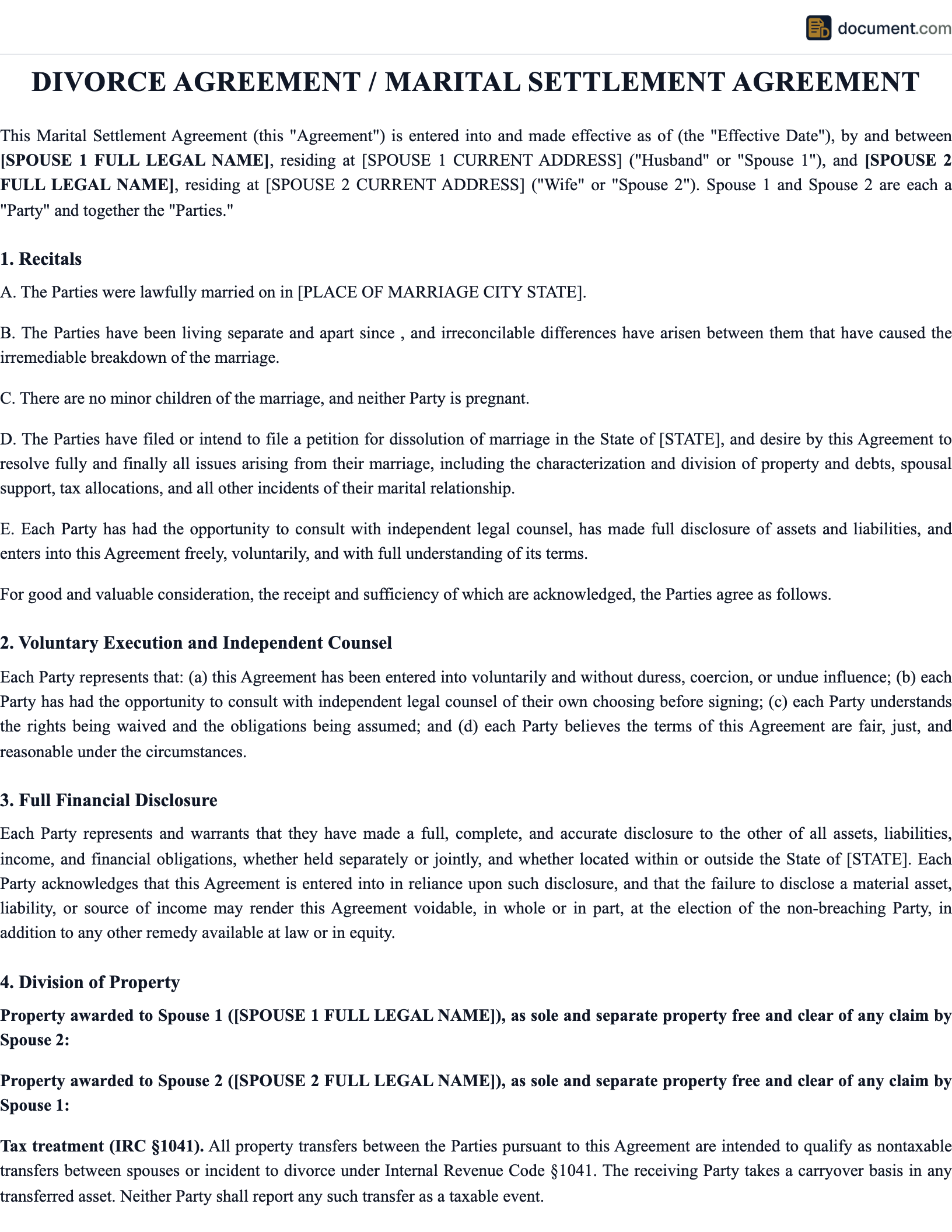 Divorce Agreement preview