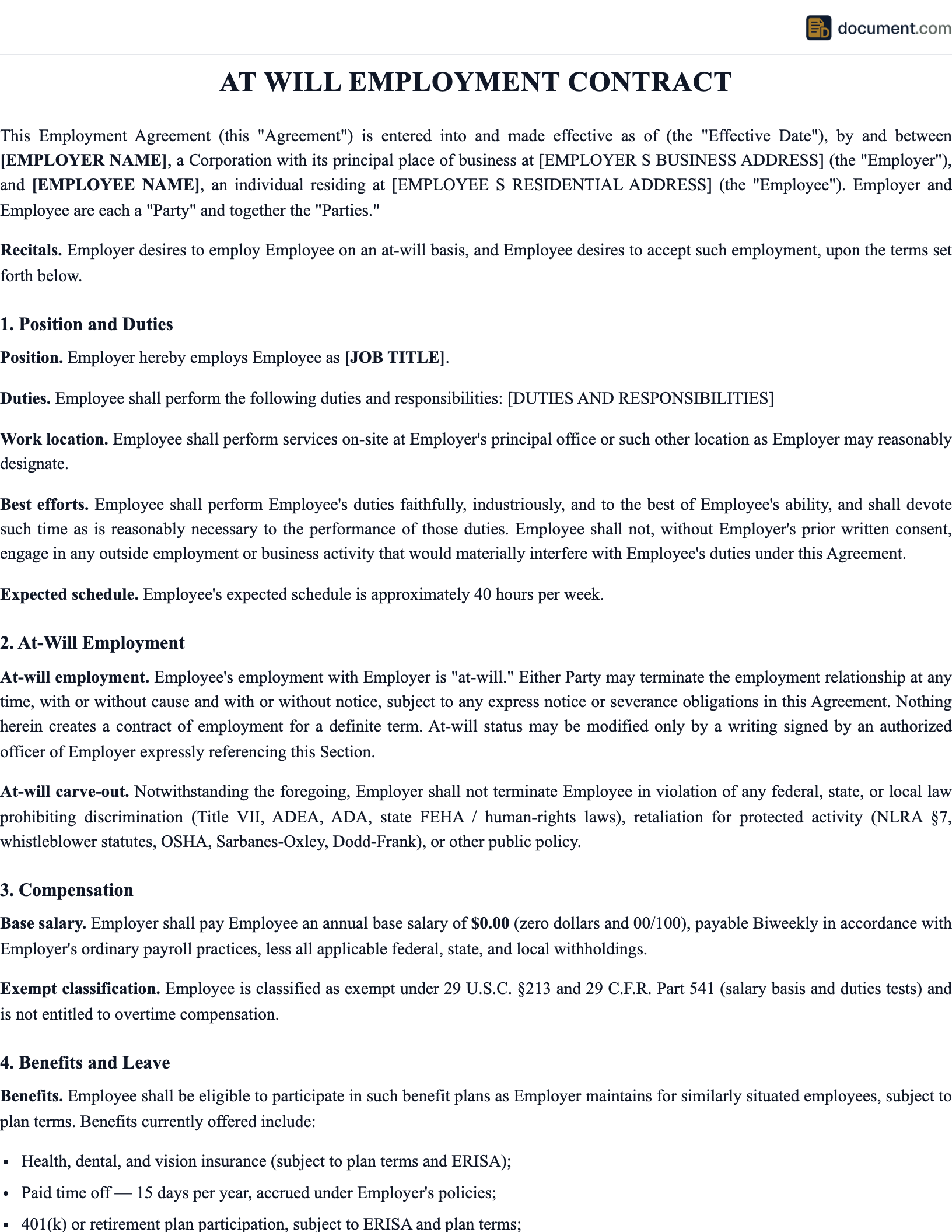 At Will Employment Contract preview