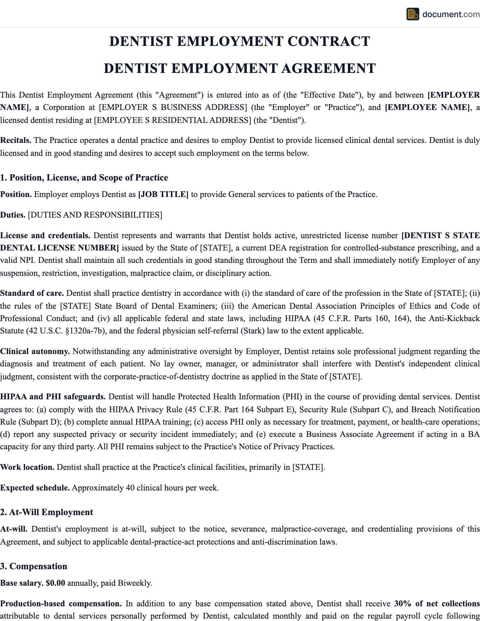Dentist Employment Contract preview