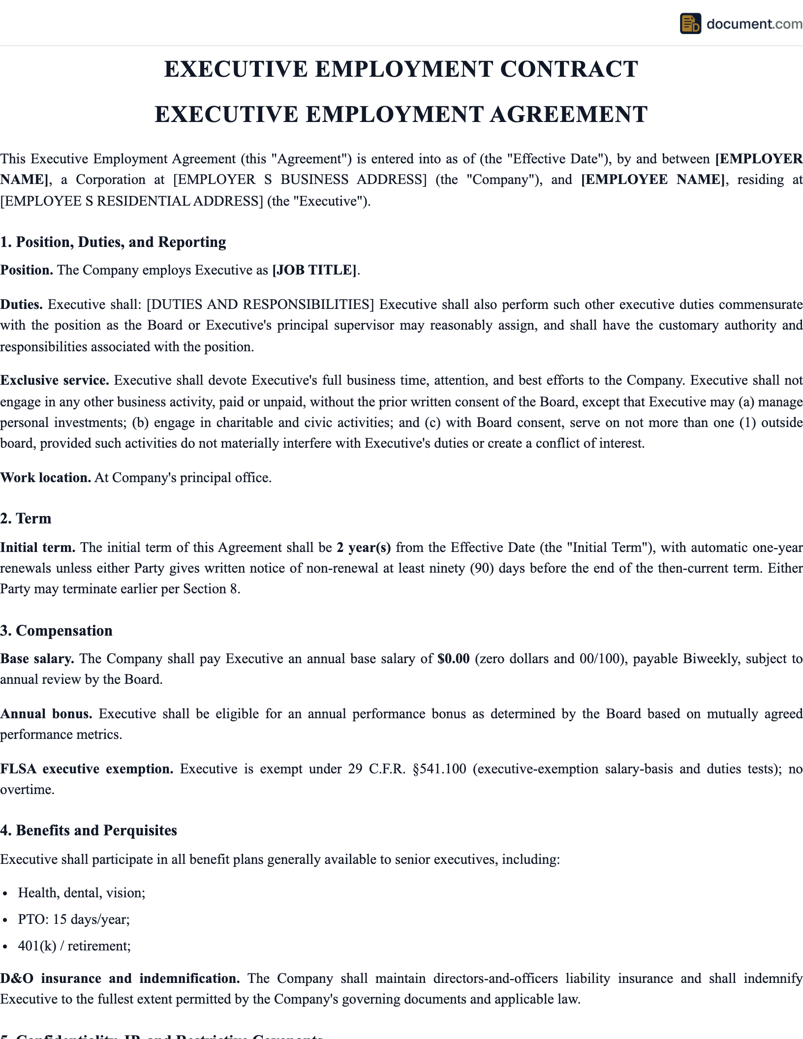 Executive Employment Contract preview