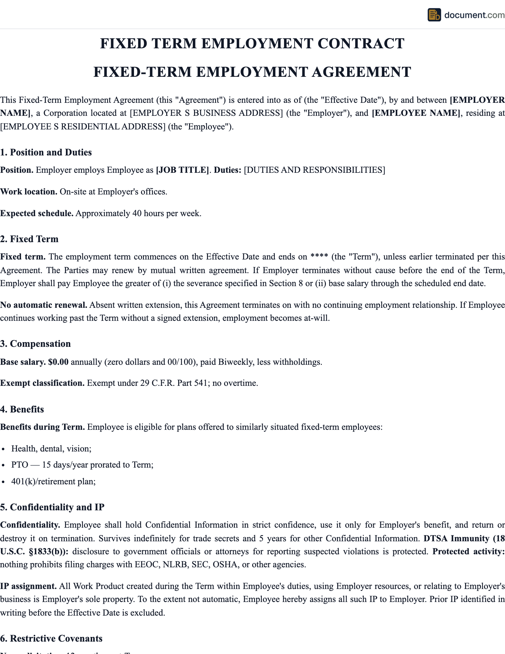 Fixed Term Employment Contract preview