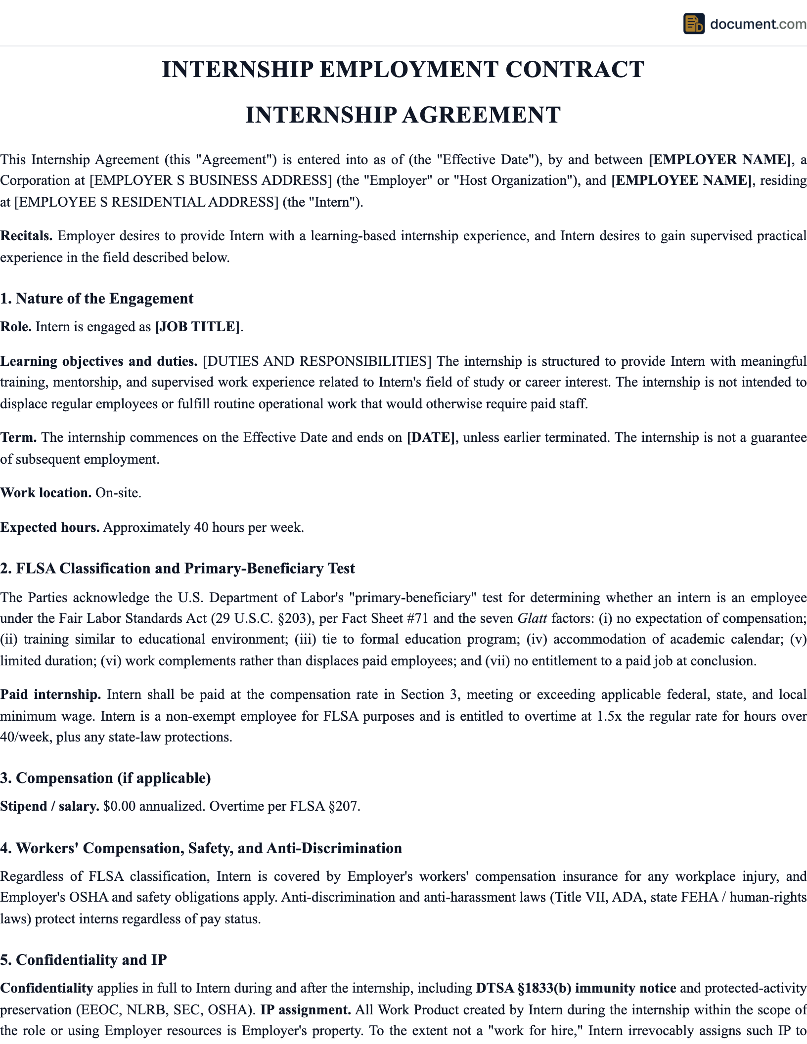 Internship Employment Contract preview