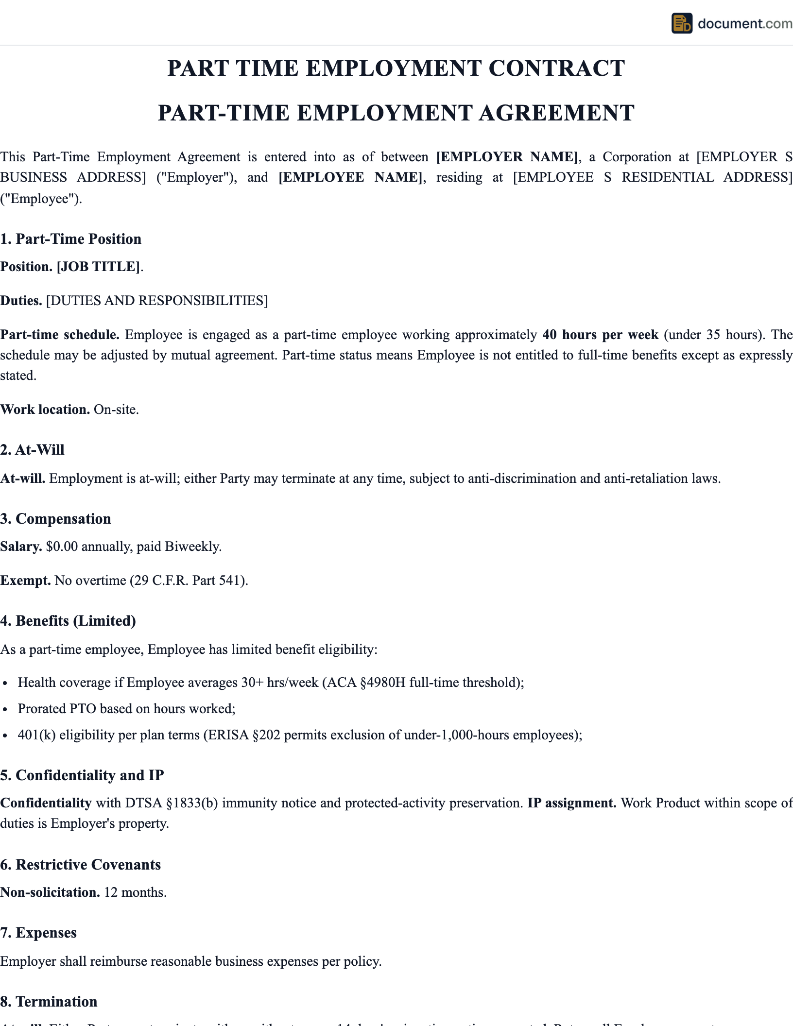 Part Time Employment Contract preview