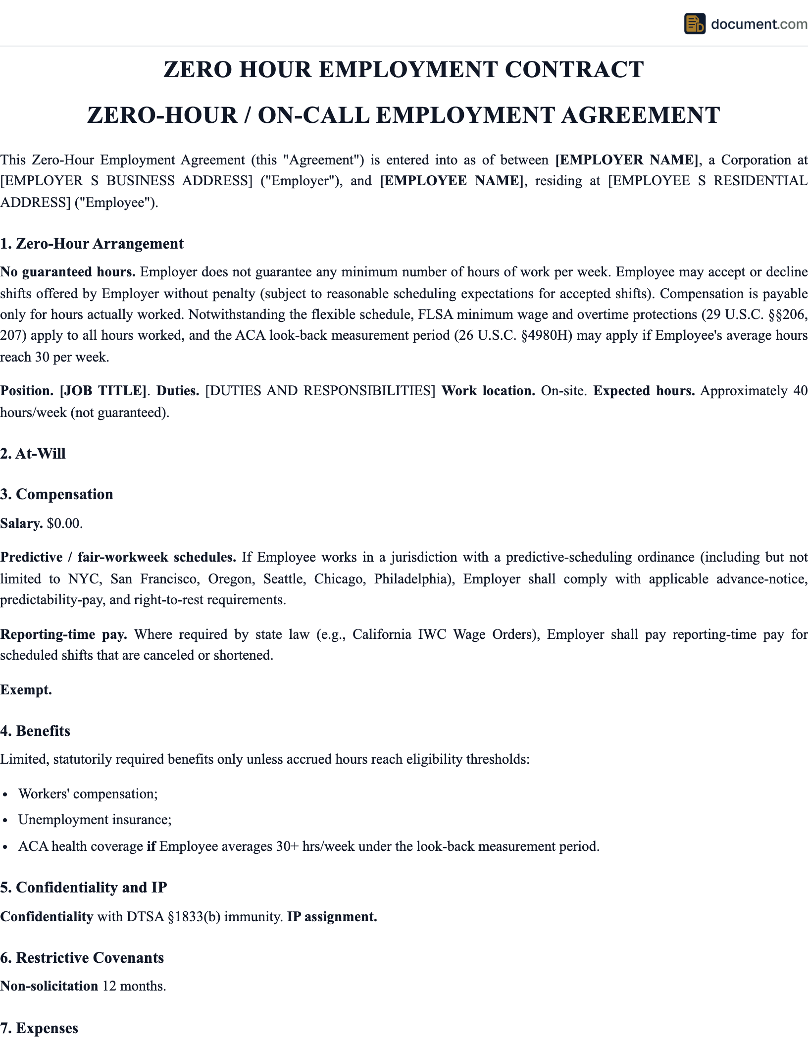 Zero Hour Employment Contract preview