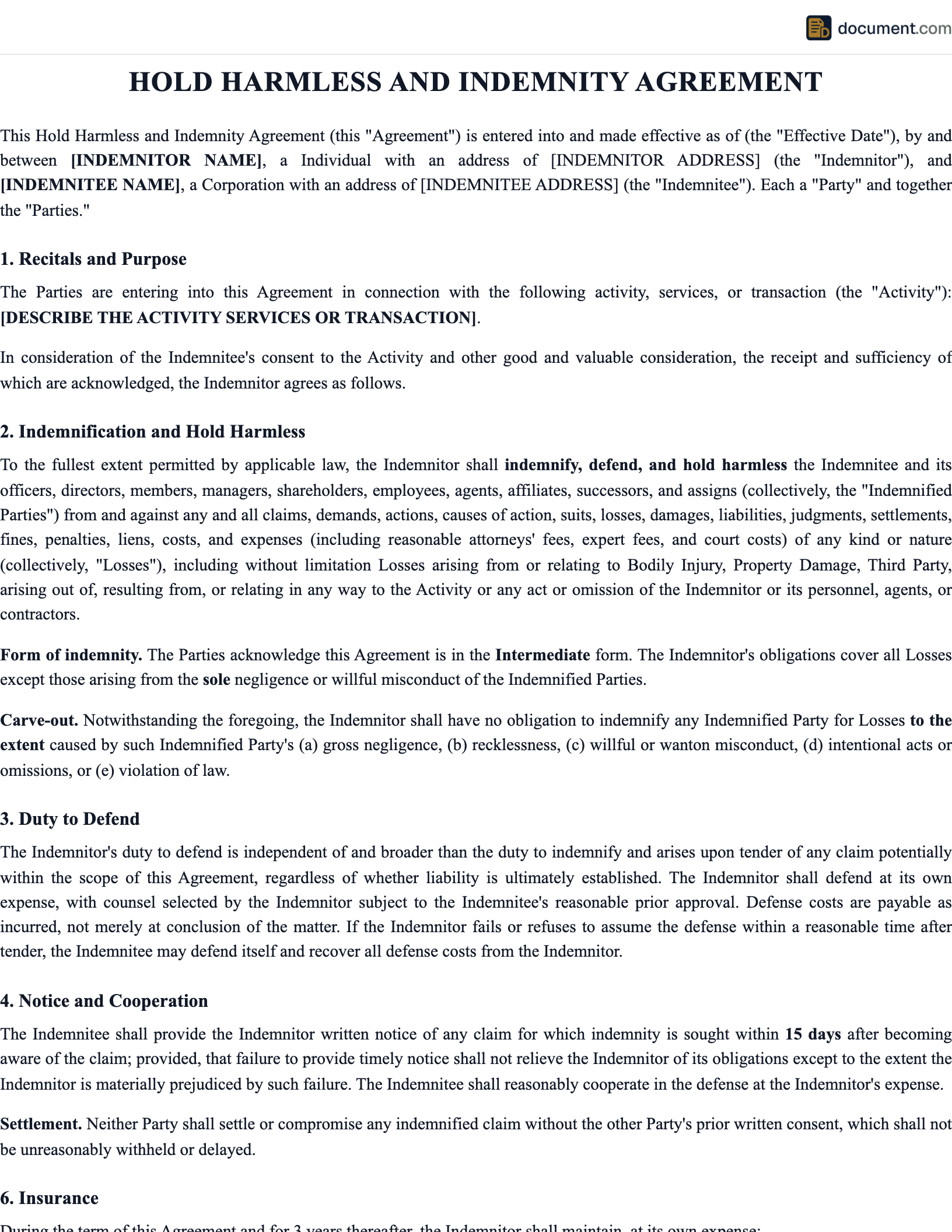 Hold Harmless Indemnity Agreement preview