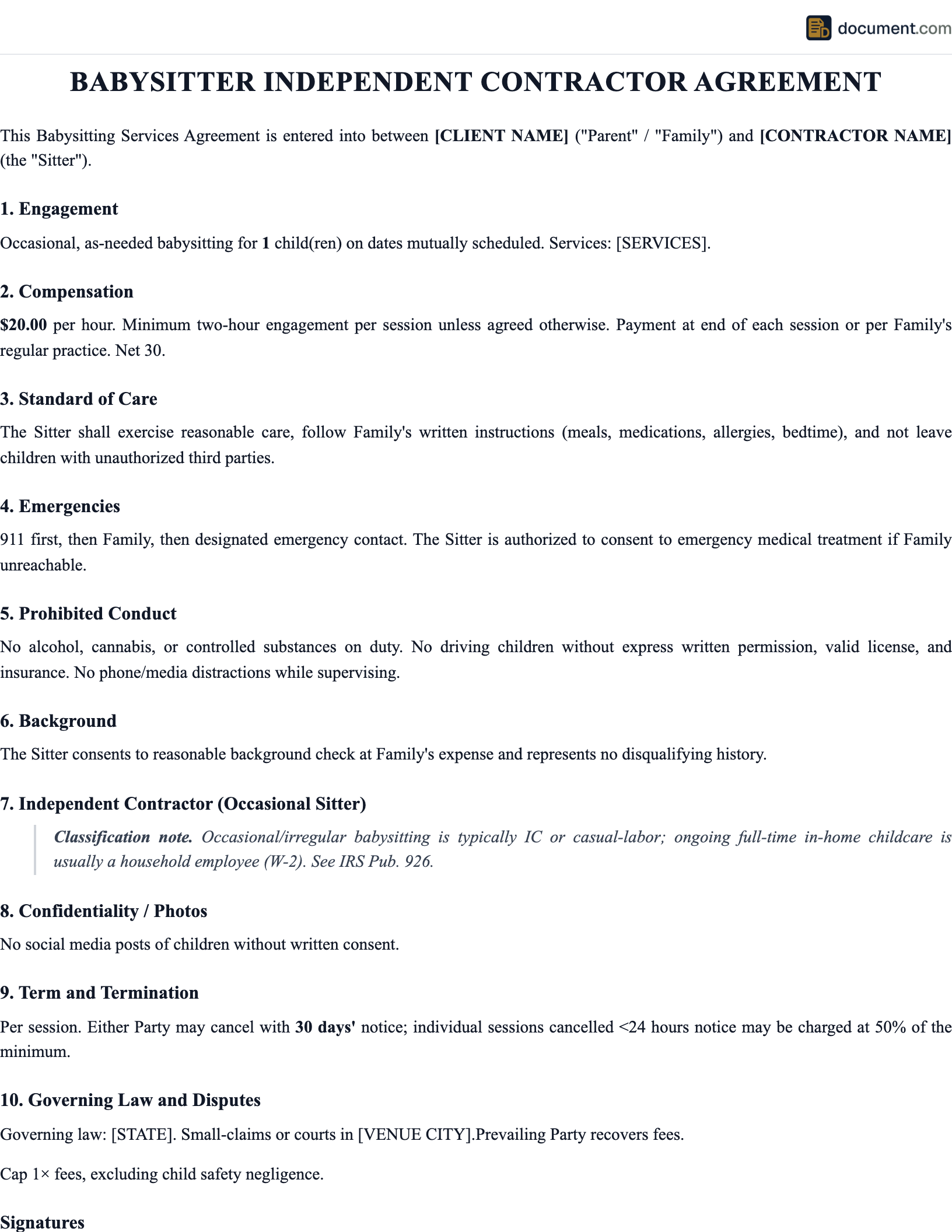 Independent Contractor Babysitter Employ preview