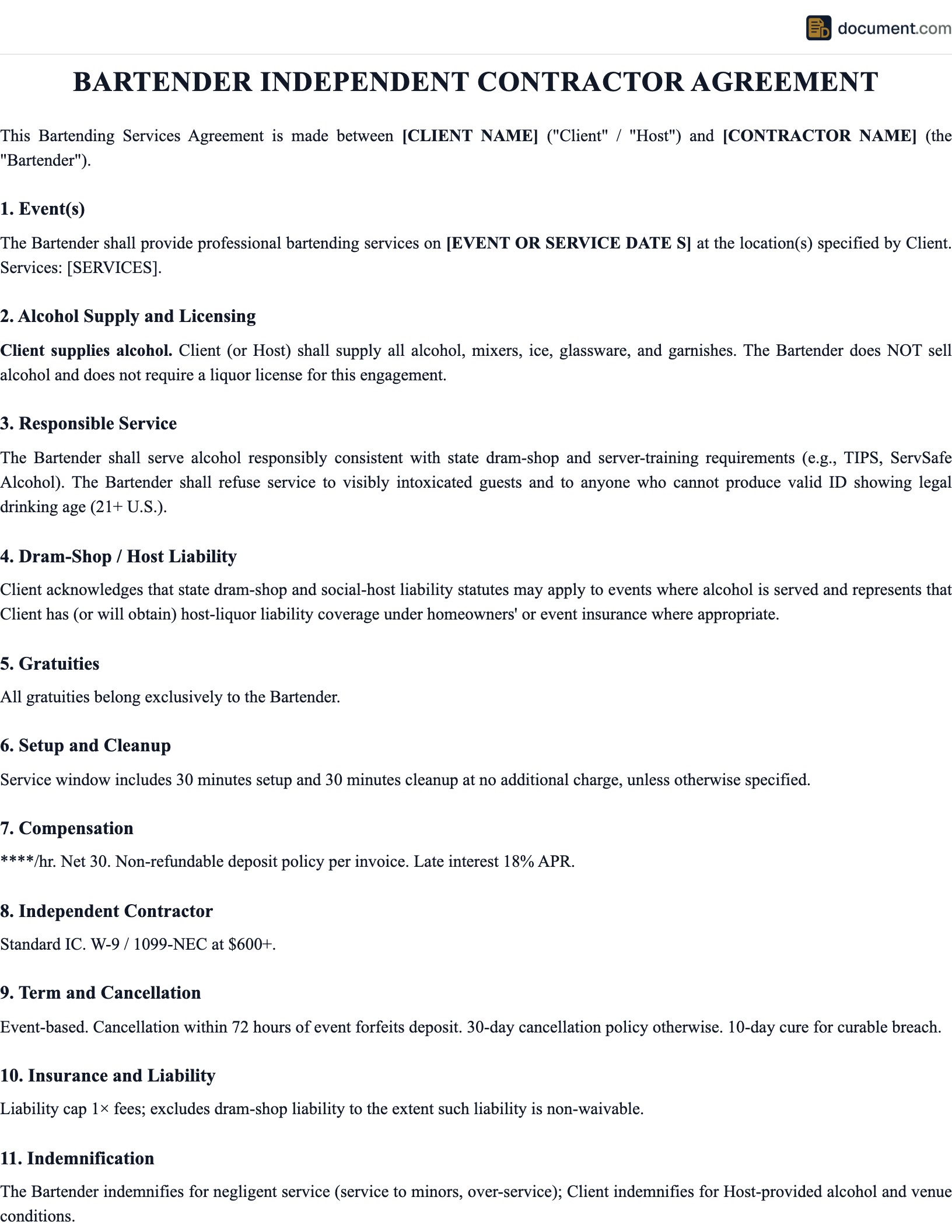 Independent Contractor Bartender Employm preview