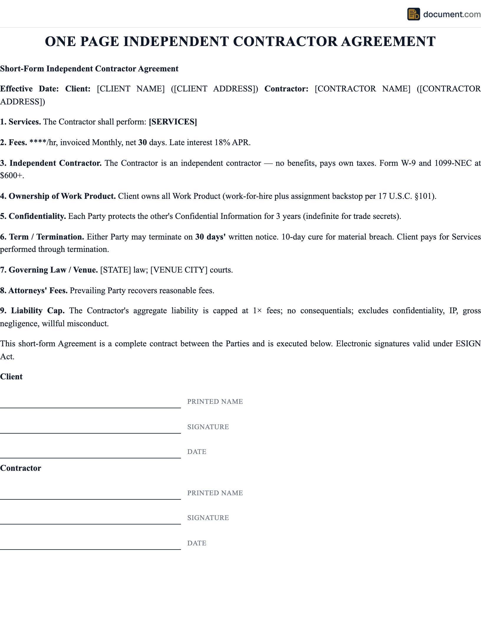 Independent Contractor One Page Employme preview