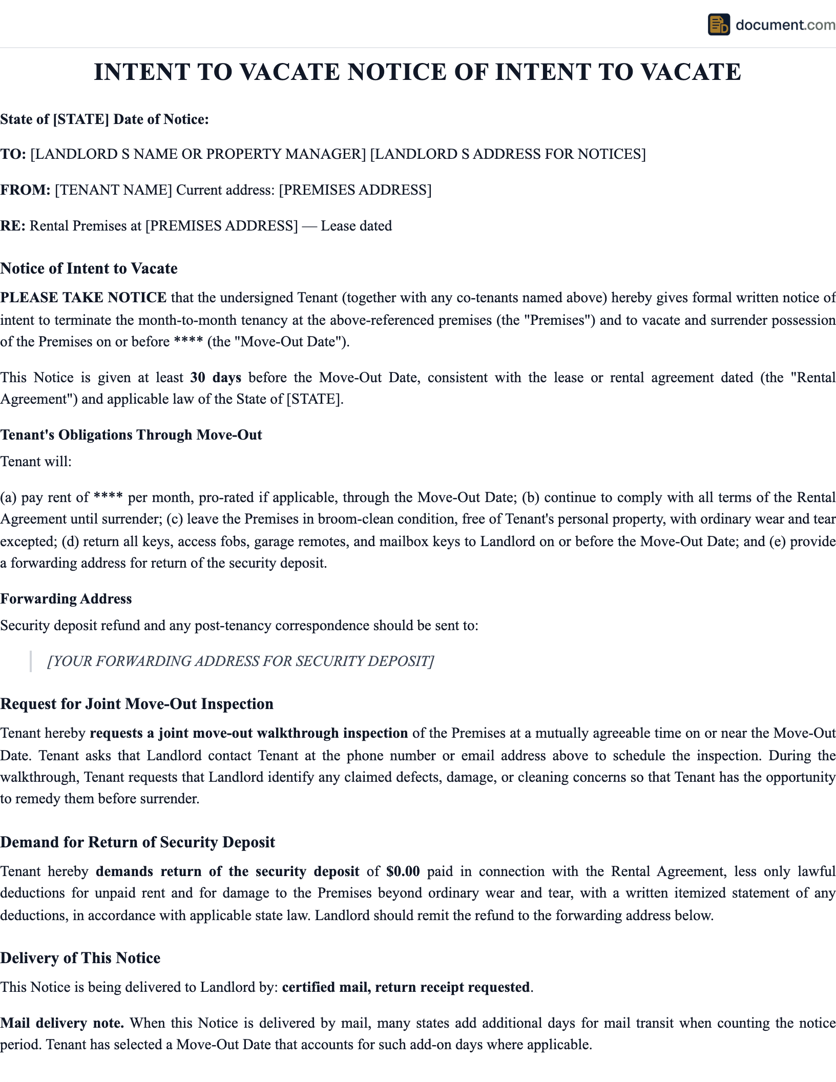 Intent To Vacate preview