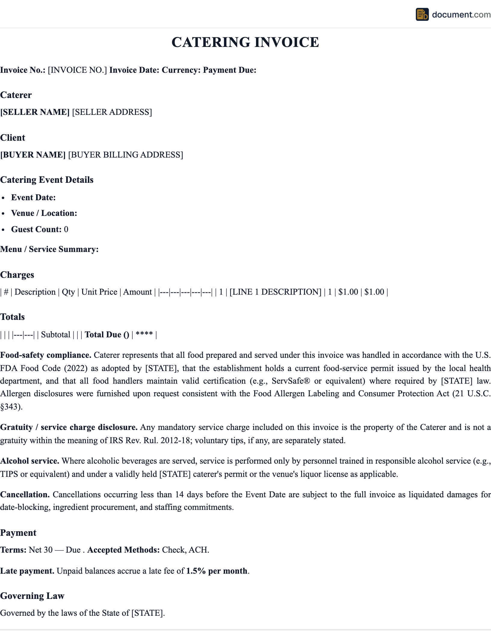 Catering Invoice Template preview