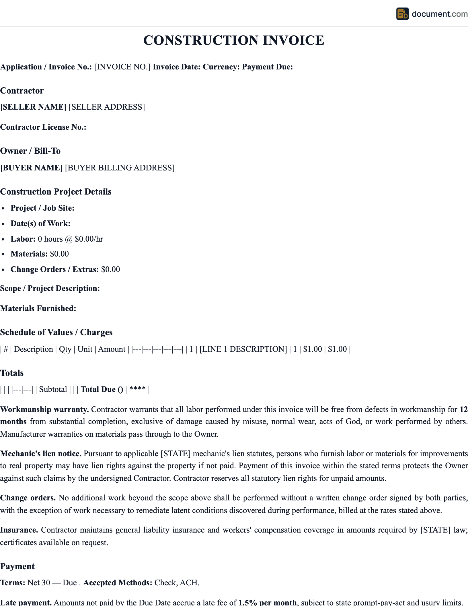 Construction Invoice Template preview