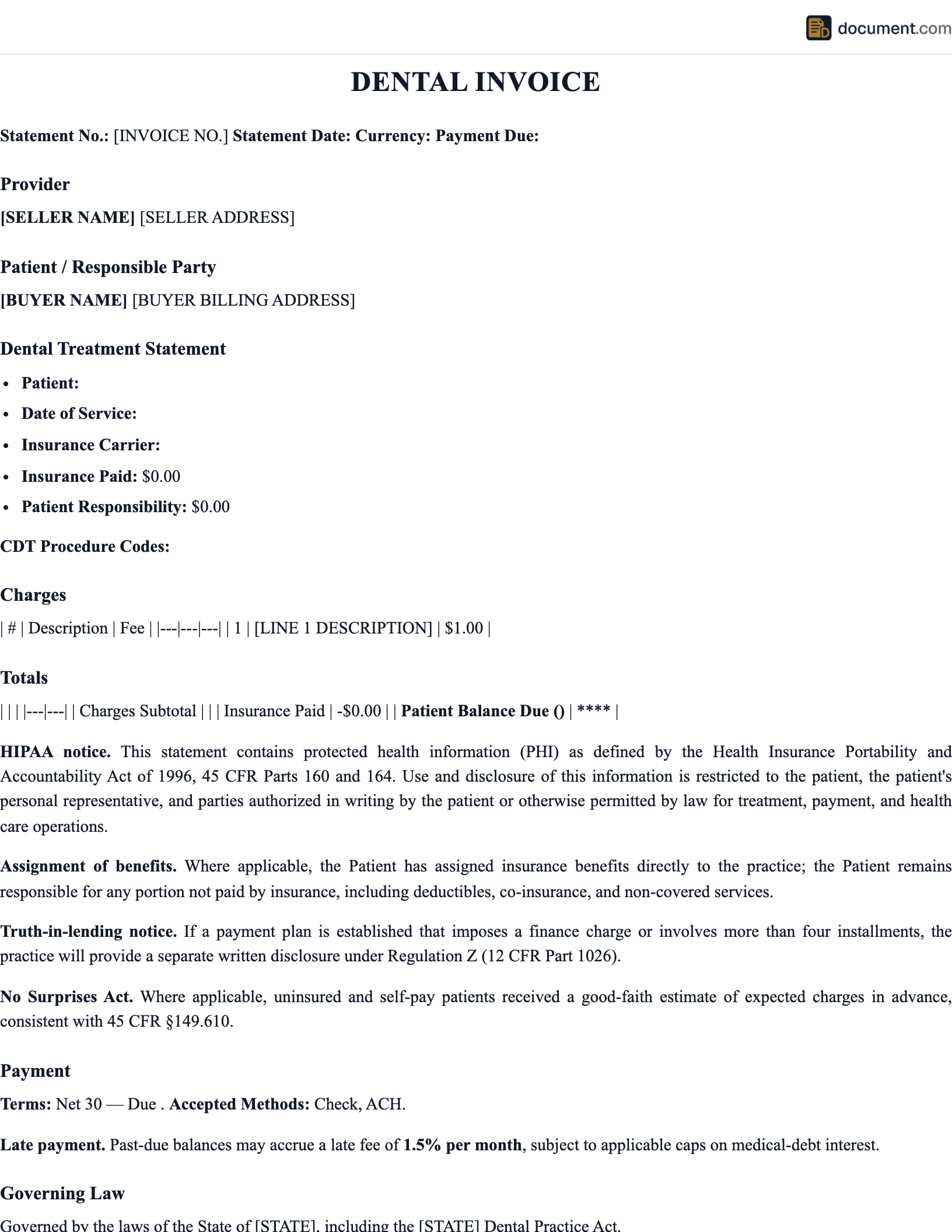Dental Invoice Template preview