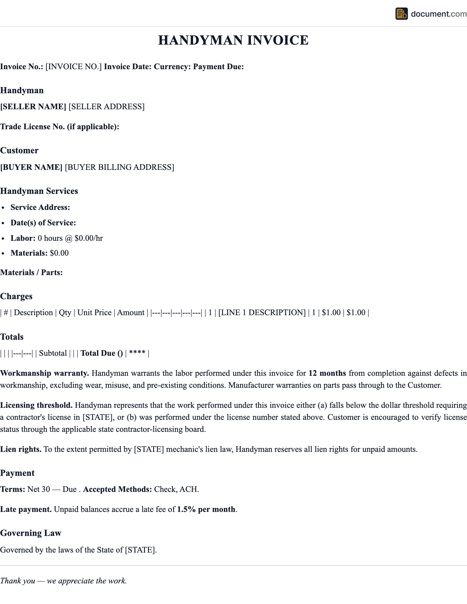 Handyman Invoice Template preview