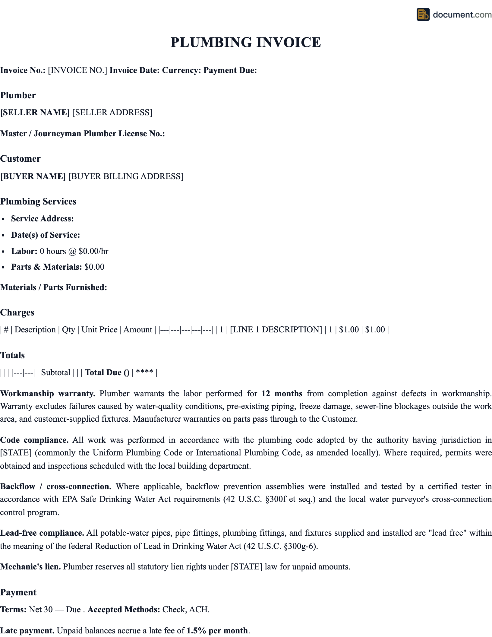Plumbing Invoice Template preview