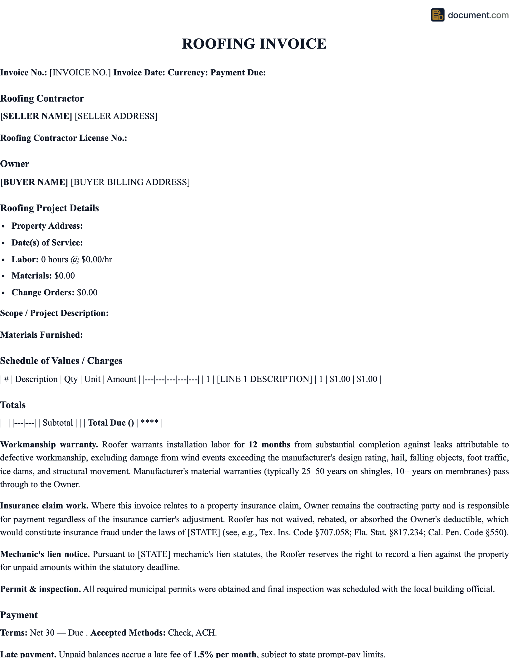 Roofing Invoice Template preview