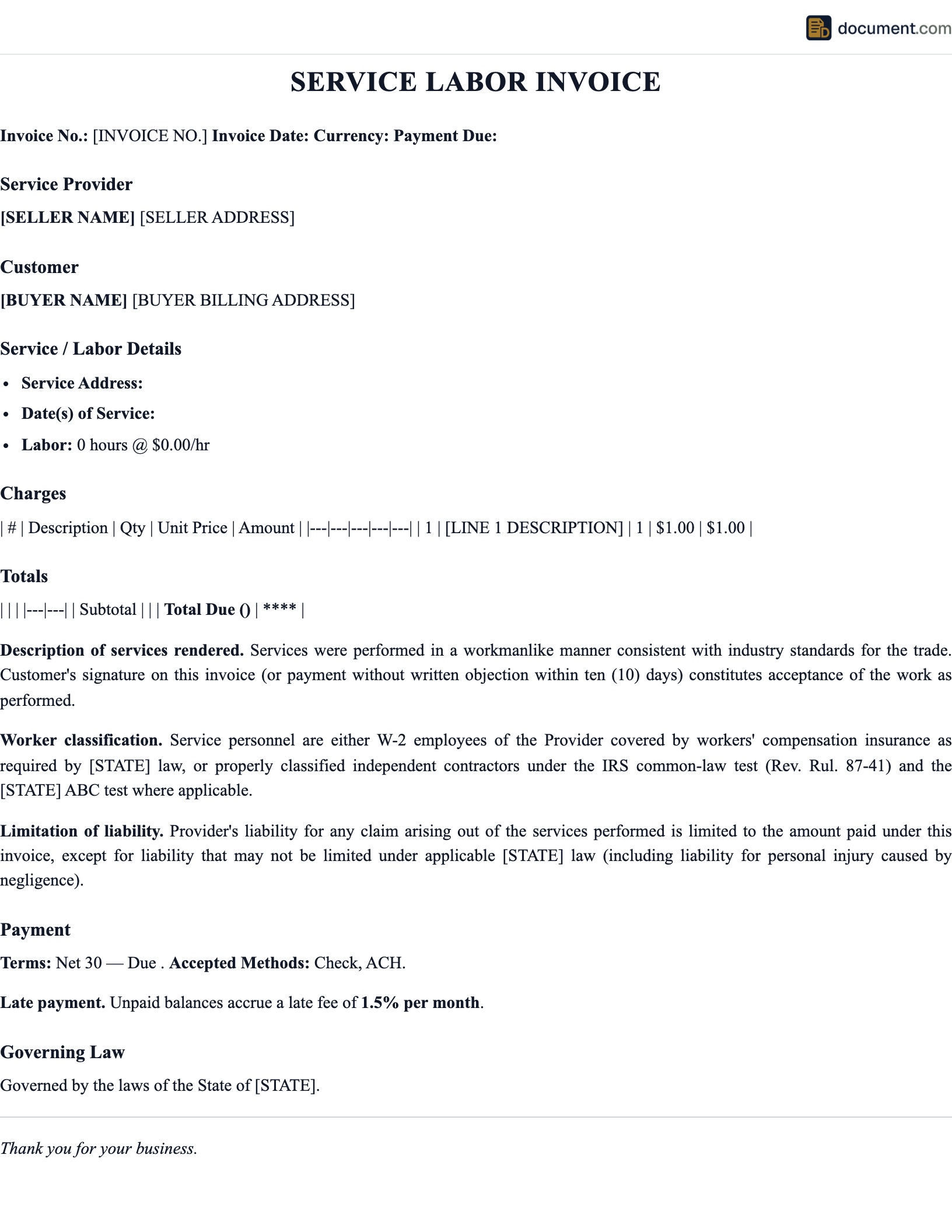 Service Labor Invoice Template preview